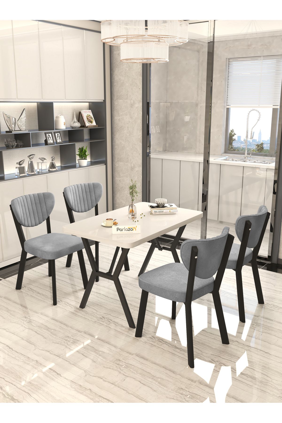 Parlazonhome Aras 70x110cm Sabit Beyaz, Yemek Masası, Yemek Masası Takımı, 4 Gri Sandalye