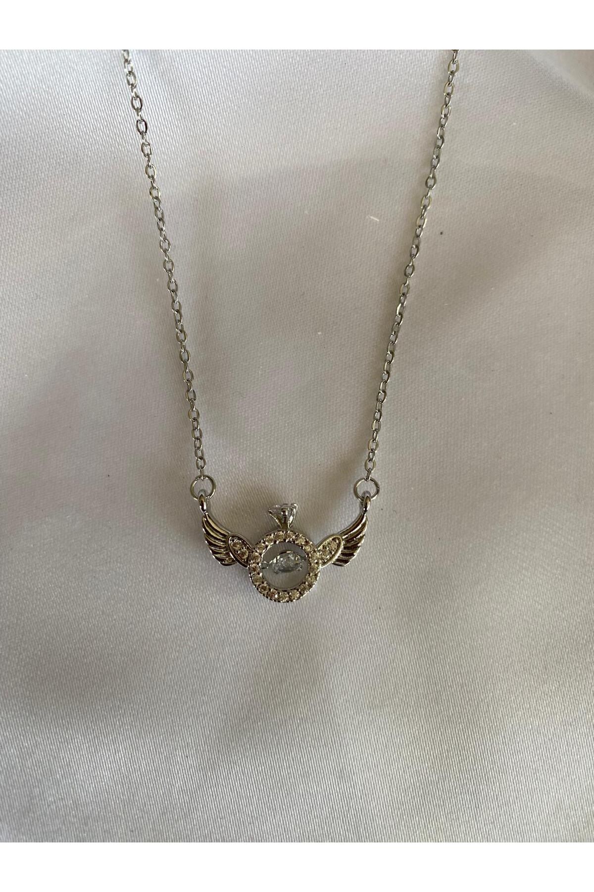 KANERUZ Tek Taş Melek Kanatları zirkon Taşlı Çelik Gold Kolye