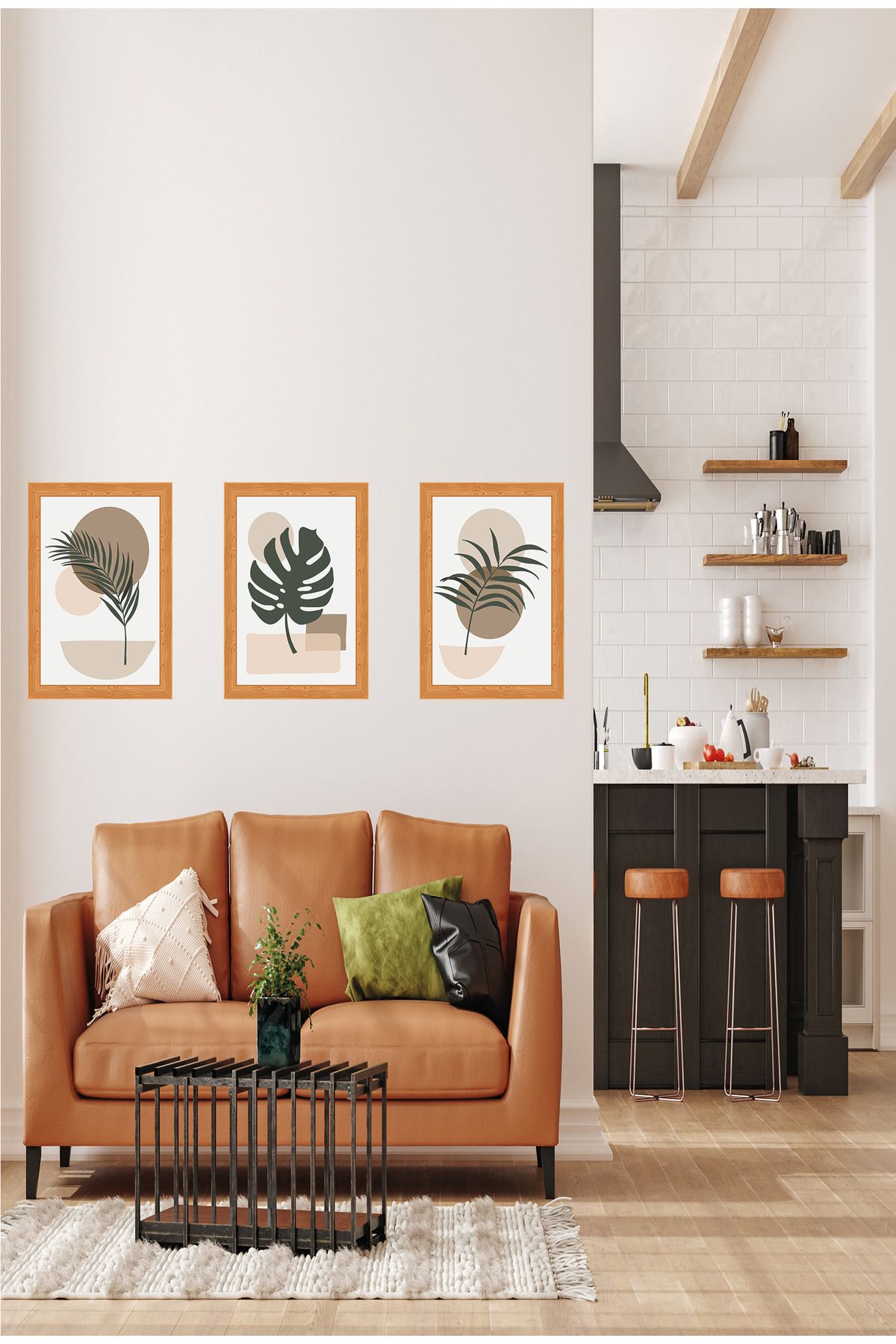 dekor artı Çerçeve Görünümlü Yaprak Desenli 3'lü Tablo Seti