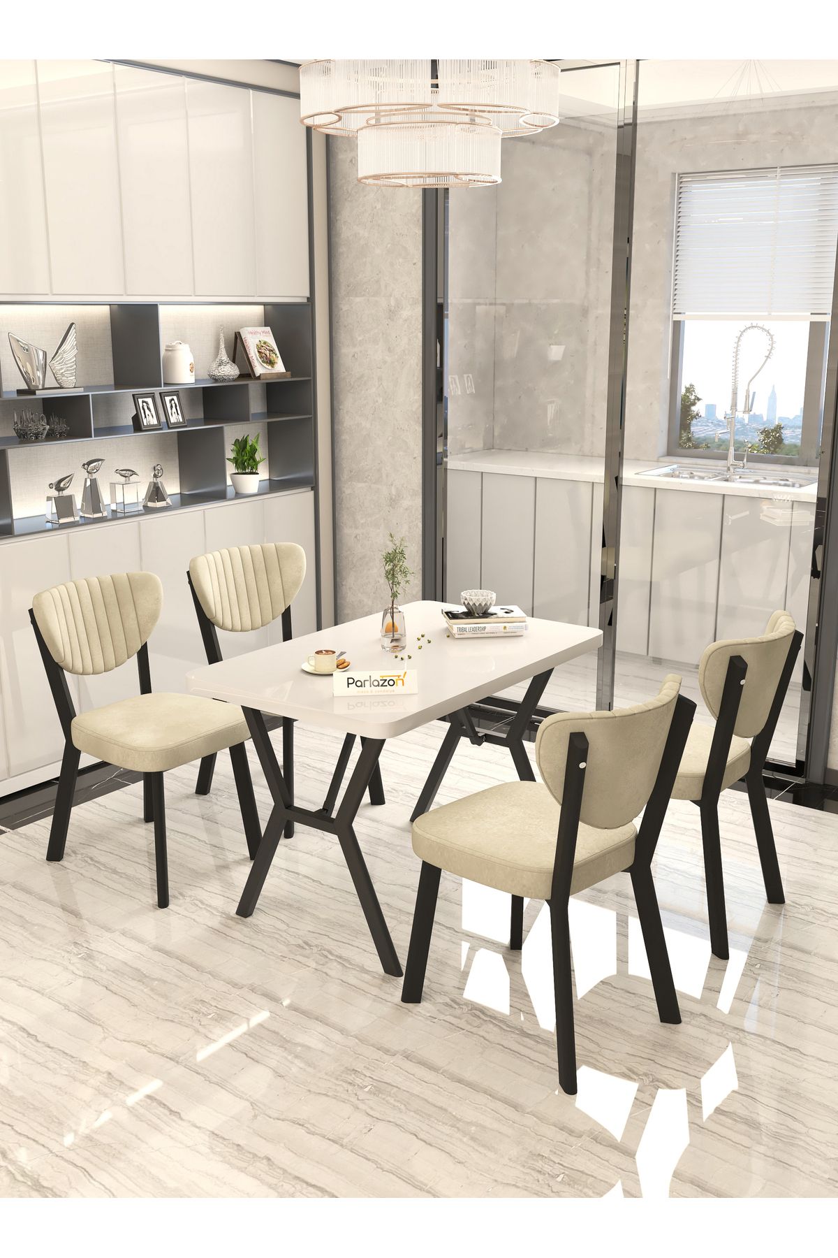 Parlazonhome Aras 70x110cm Sabit Beyaz, Yemek Masası, Yemek Masası Takımı, 4 Krem Sandalye