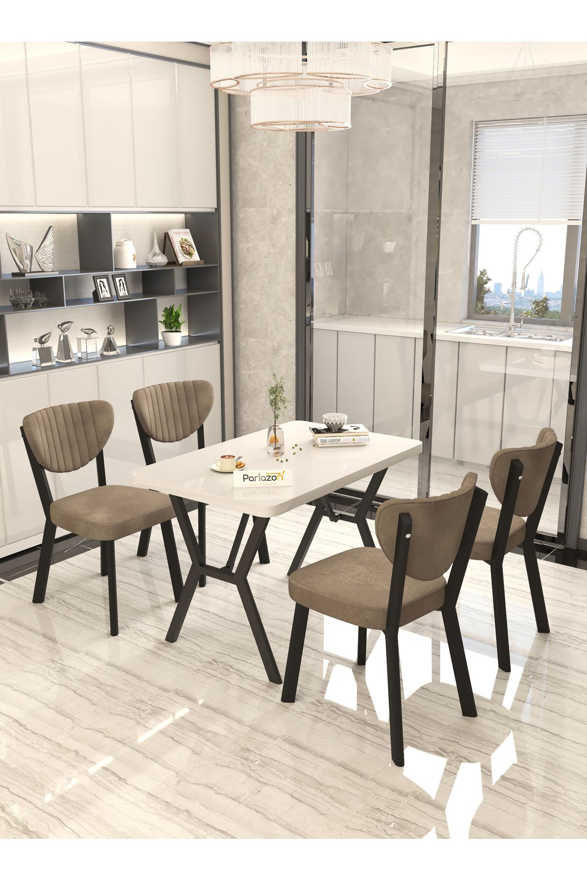 Parlazonhome Aras 70x110cm Sabit Beyaz, Yemek Masası, Yemek Masası Takımı, 4 Kahverengi Sandalye