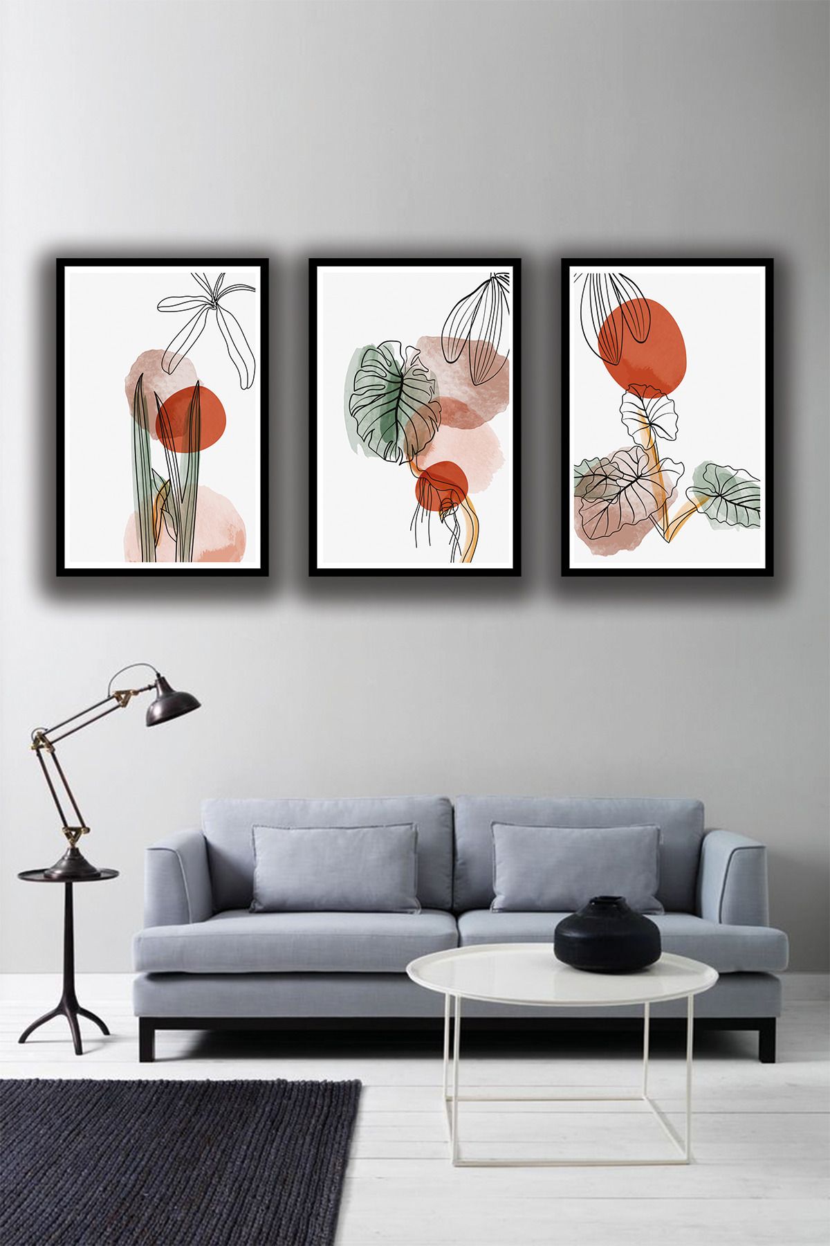dekor artı Soyut Şekilli Yaprak Duvar Tablosu 3'lü Set Ahşap MDF UV Baskı Çerçeve Görünümlü