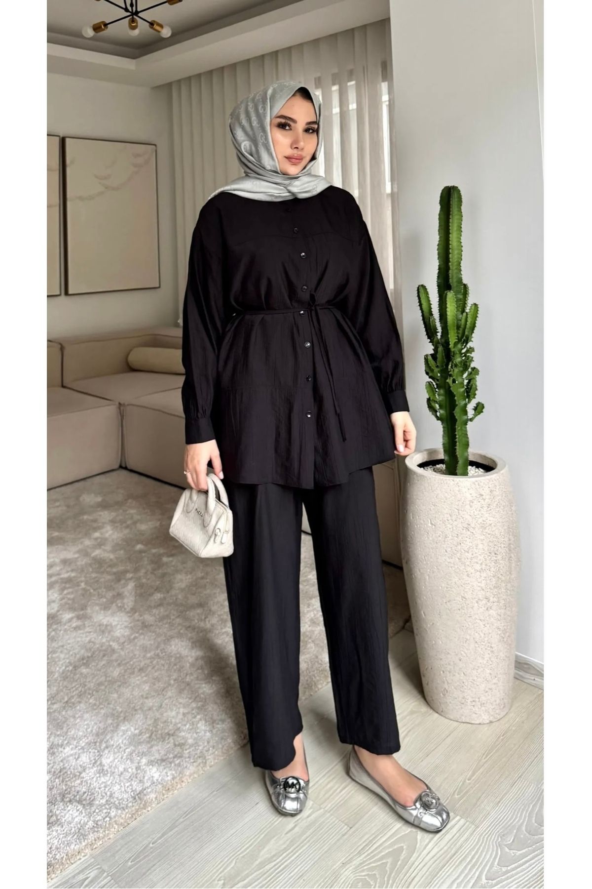 MODA Tesettür Siyah Gömlek Pantolonlu Takım