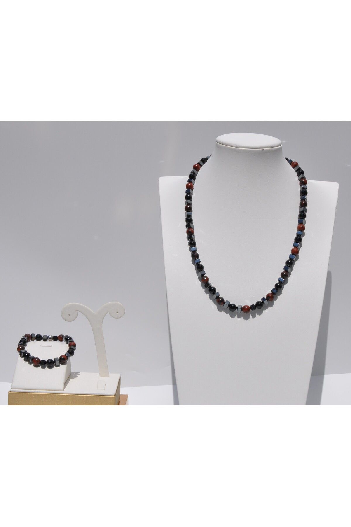 Nilfu Atelier OBSİDYEN HEMATİT ONİKS DOĞAL TAŞ KOLYE BİLEKLİK SETİ