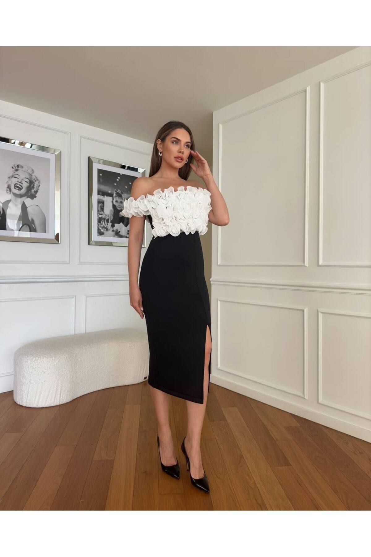 Castivo Fashion Gül Detaylı Omuz Dekolteli Yırtmaçlı Midi abiye Elbise