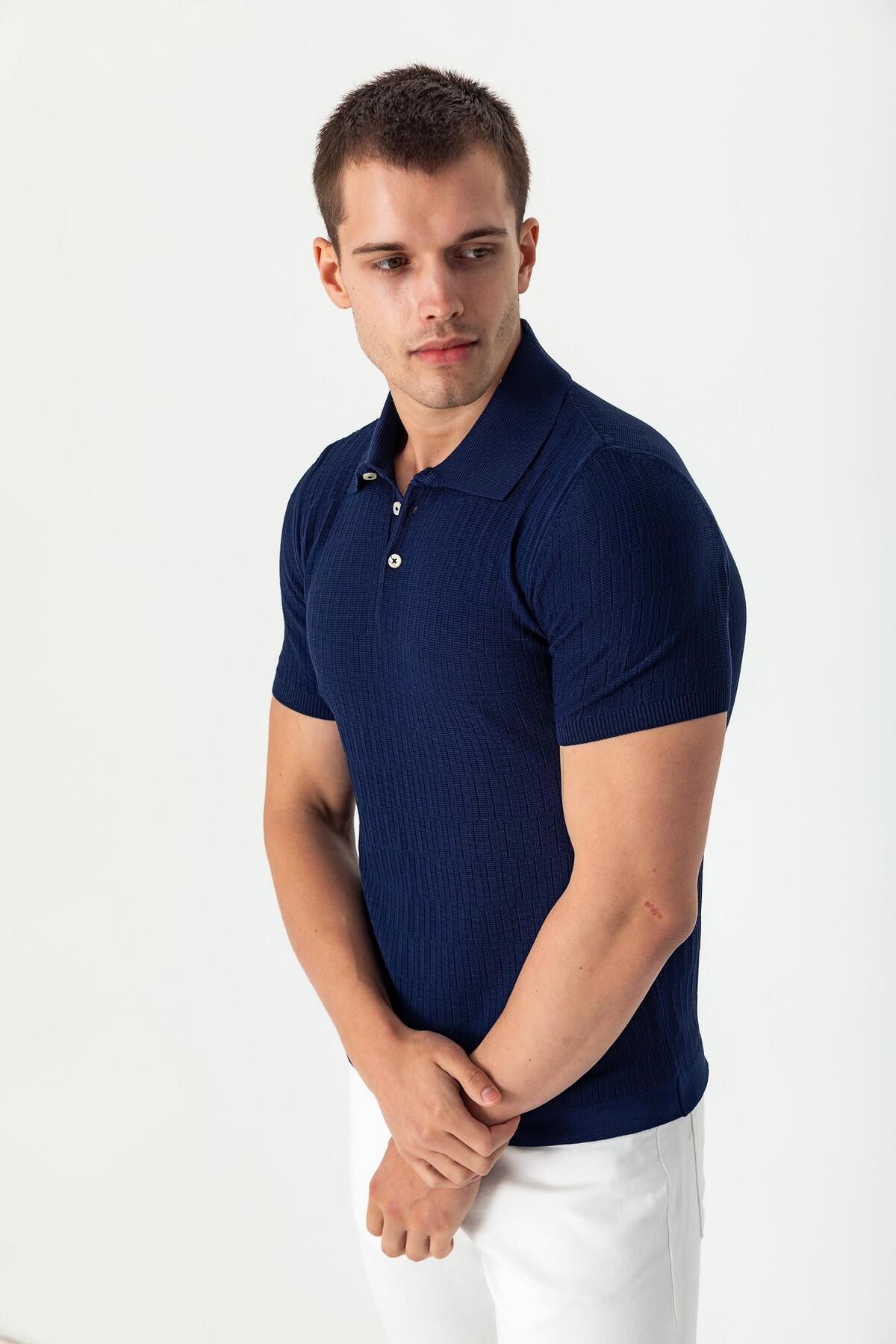 Cekmon Erkek Polo Yaka Kendinden Desenli Viscon Elit İplikten Triko T-shirt