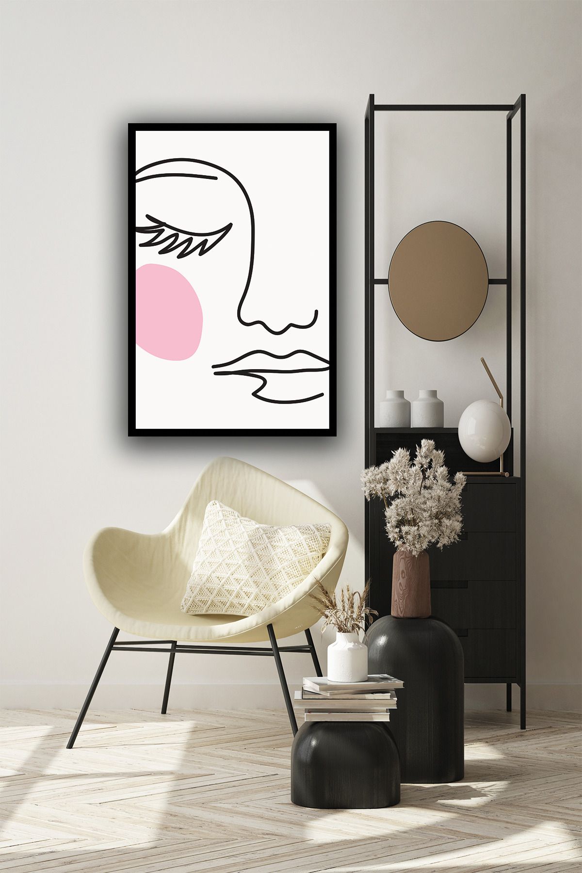 dekor artı Pembe Makyajlı Soyut Çizim Genç Odası Tablosu Çerçeve Görünümlü