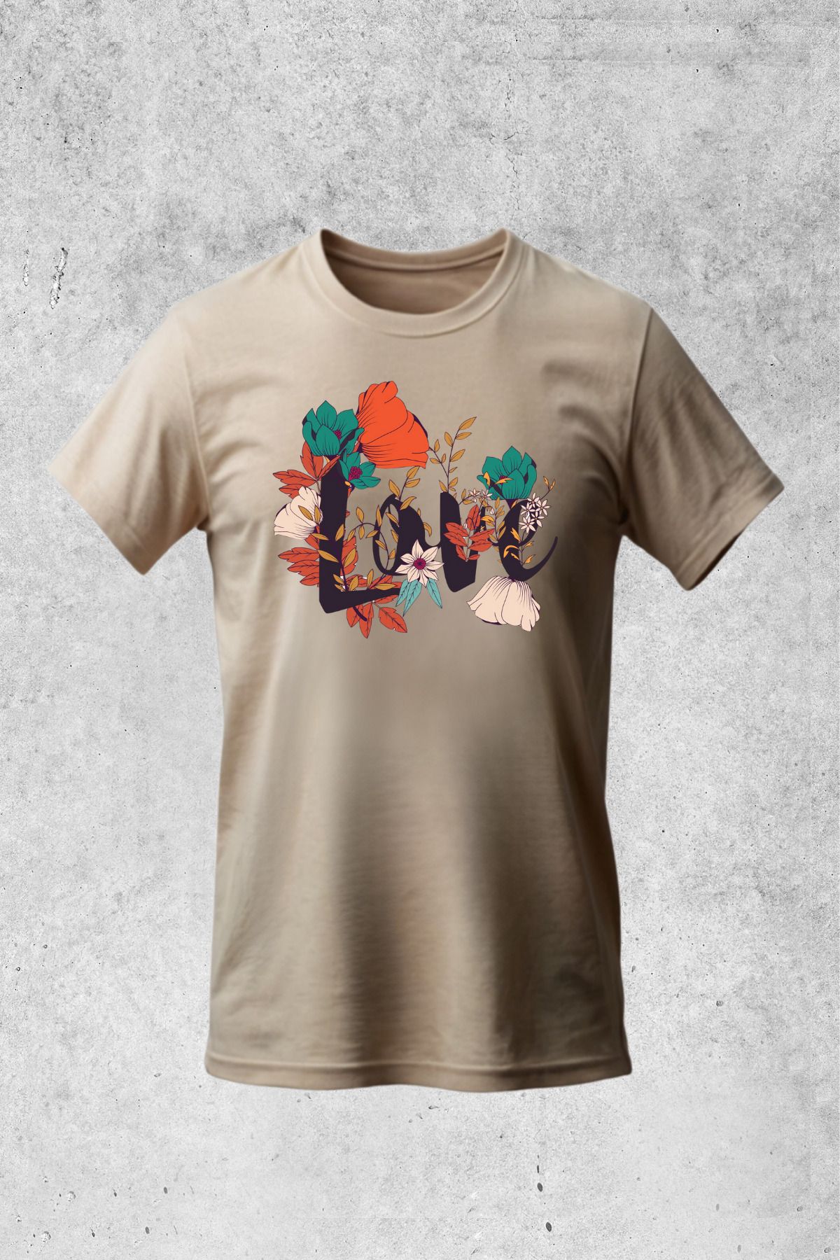 MOLICO Basic unisex sıfır yaka kısa kollu LOVE çiçek baskılı tshirt