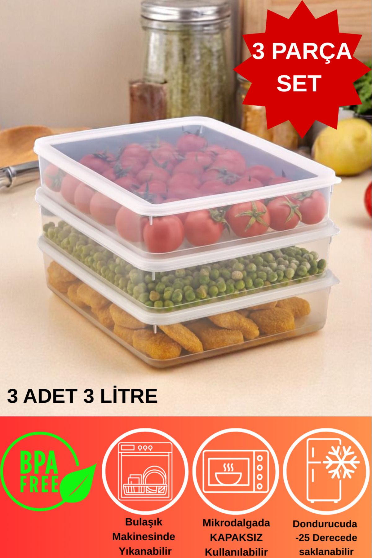 DOVİ HOME 3 Adet Vakumlu Sızdırmaz Saklama Kabı Seti 3000ml | Şeffaf | Buzdolabı Düzenleyici
