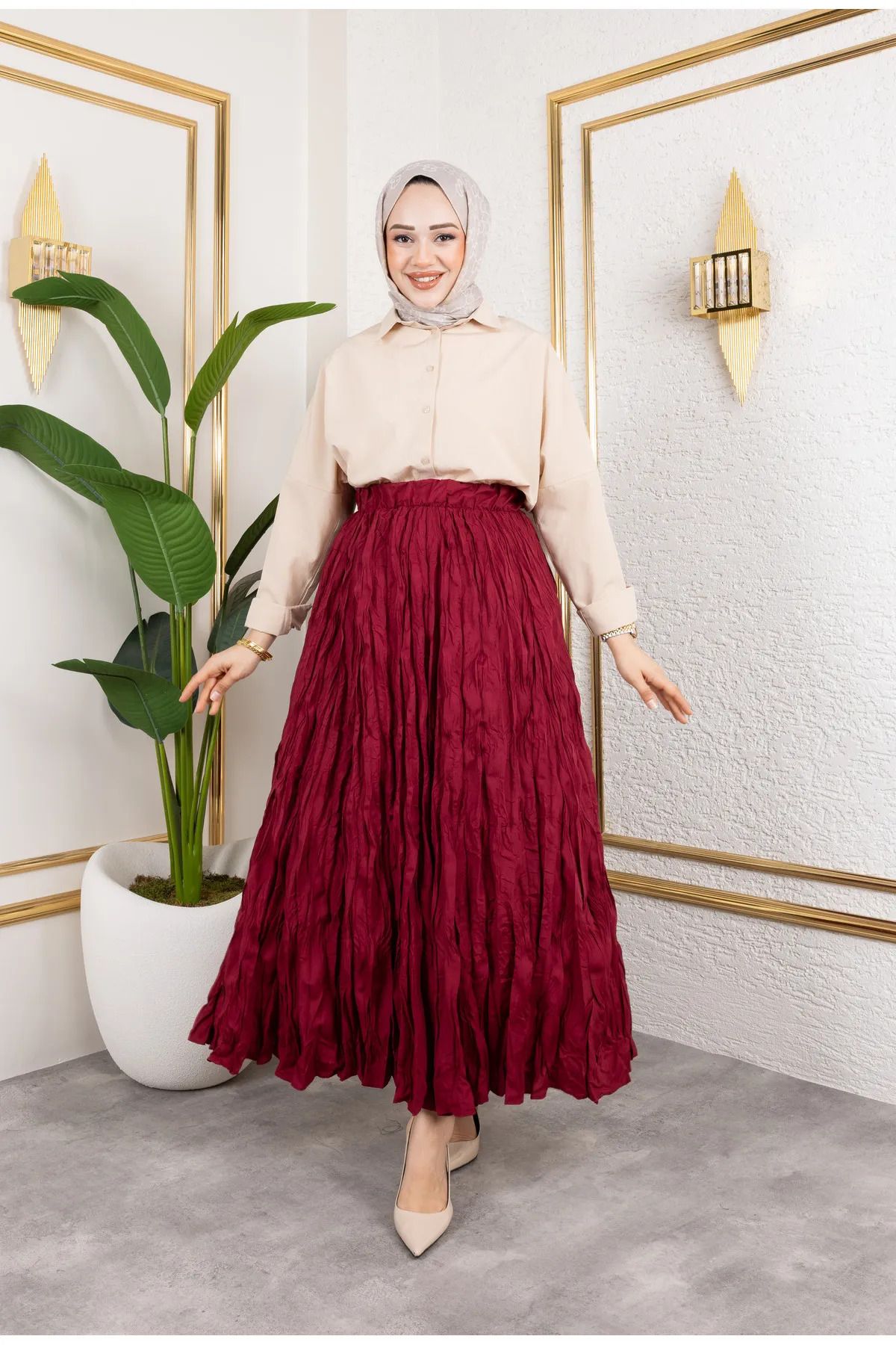 Cochines Kadın Bordo Pileli Kırışık Şort Kumaşlı Beli Lastikli Maxi Tesettür Etek