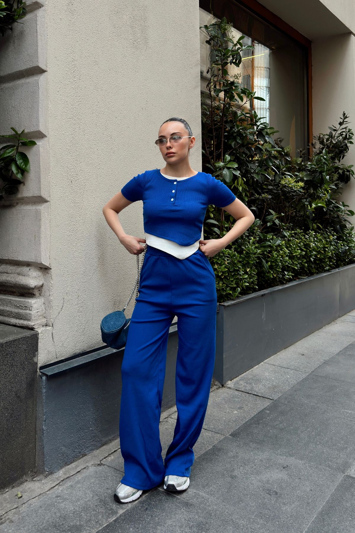 Siner Fashion Kadın Mavi Düğme Detaylı Bluz Yüksek Bel Pantolon Takım