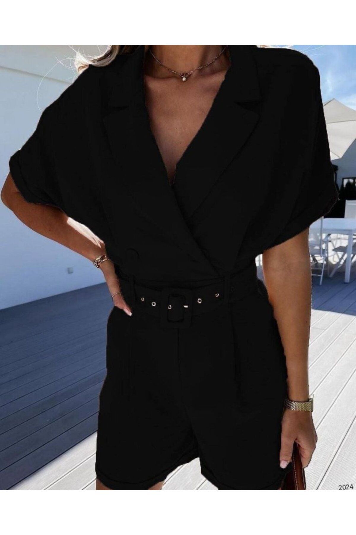 ARUZ MODA Kadın Ceket Yaka Pileli Kemer Dahil şort Tulum