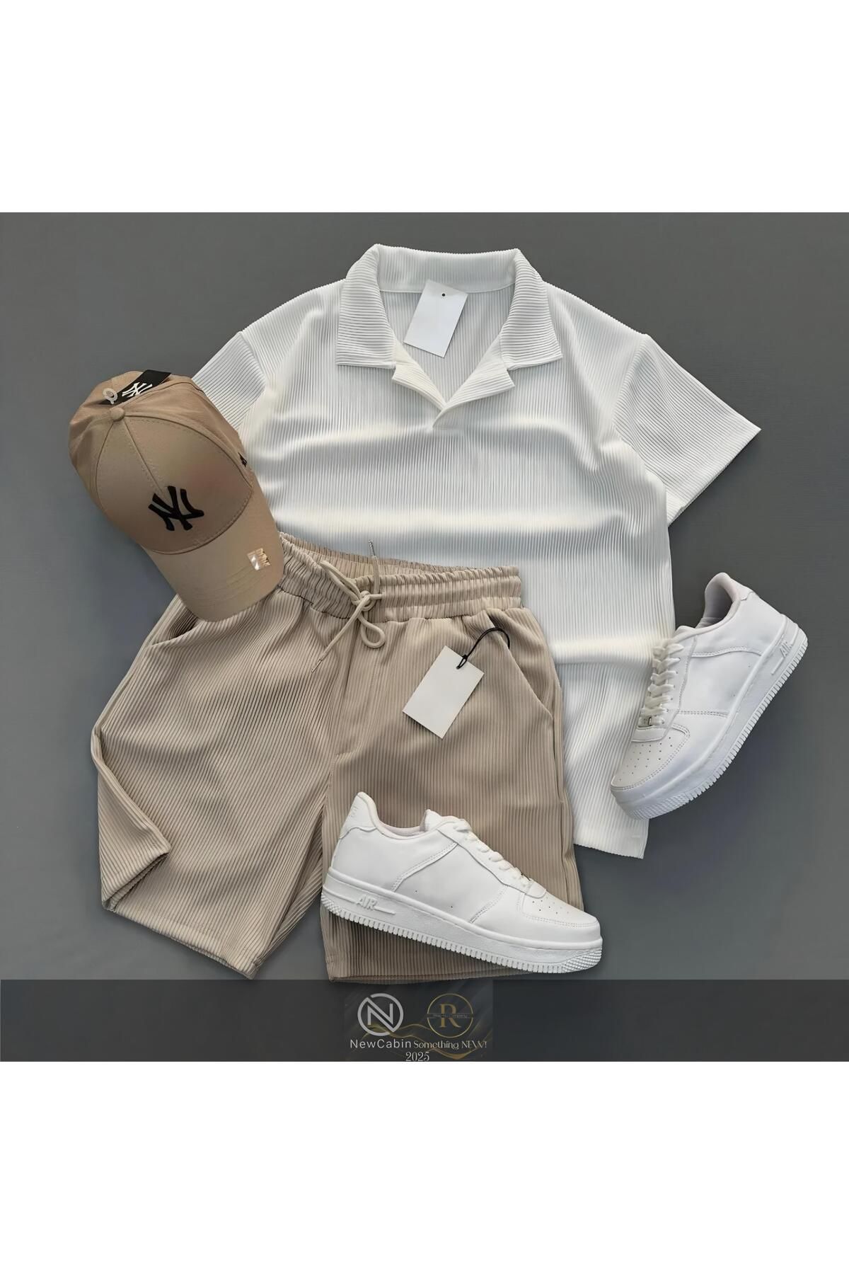 NewCabin Fitilli Ottoman Premium Kumaş Polo Yaka Unisex T-Shirt ve Şort Takım