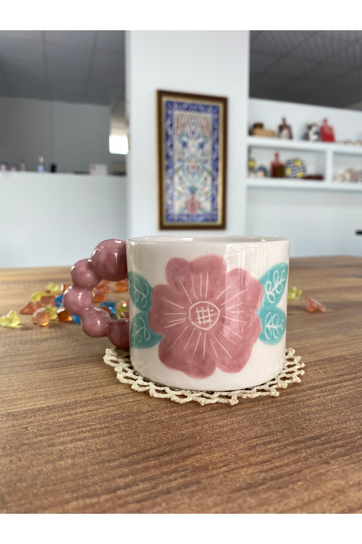 FABU Seramik pembe çiçekli mug kupa