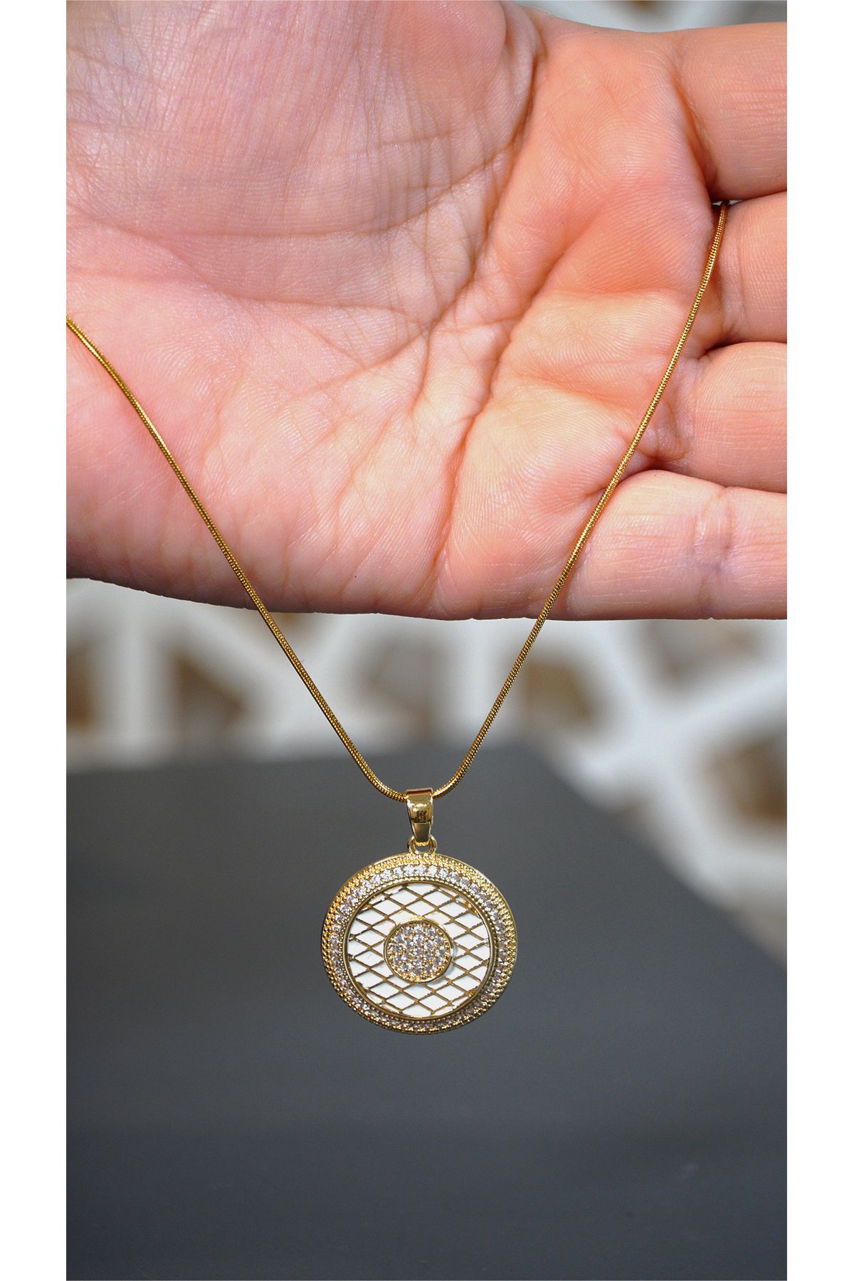 Jewerly Bak butik Mozaik Desenli Zirkon Taşli Beaz Çelik Koley