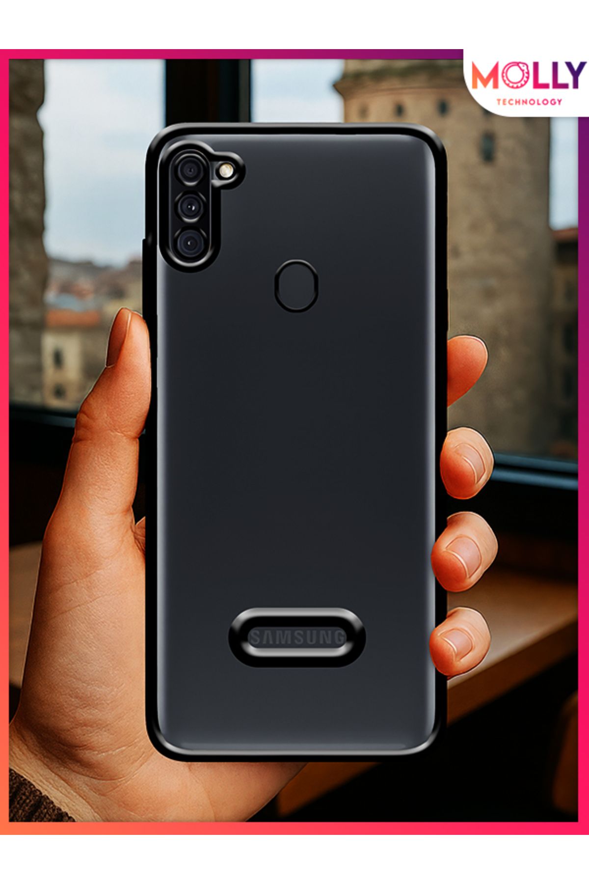 Molly Samsung Galaxy M11 İçin Kenarları Siyah Lens Koruyuculu Lou Lazer Şeffaf Silikon Kılıf