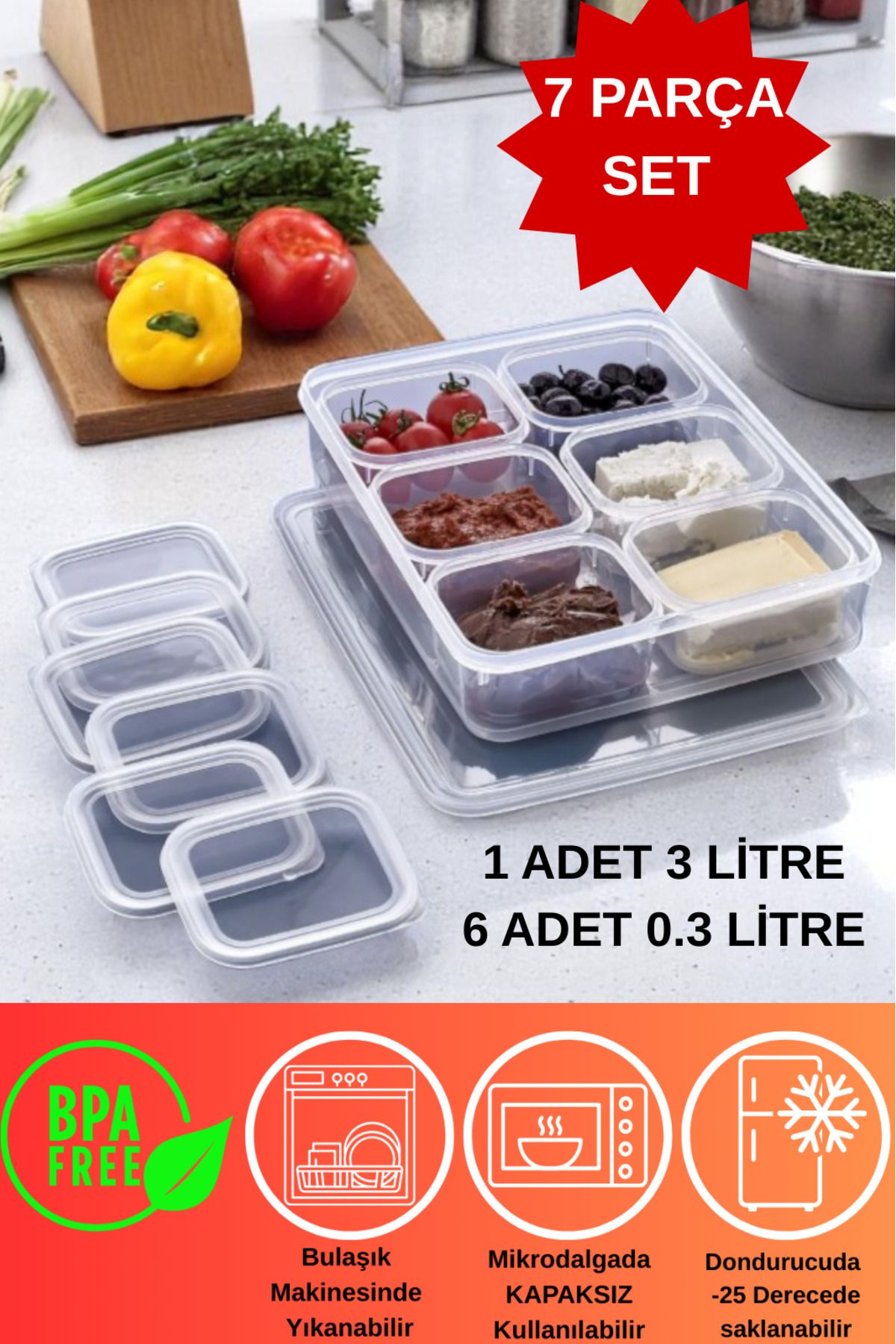 DOVİ HOME 7 Parça Vakumlu Sızdırmaz Saklama Kabı Seti 3000 ml ve 300 ml| Şeffaf | Buzdolabı Düzenleyici