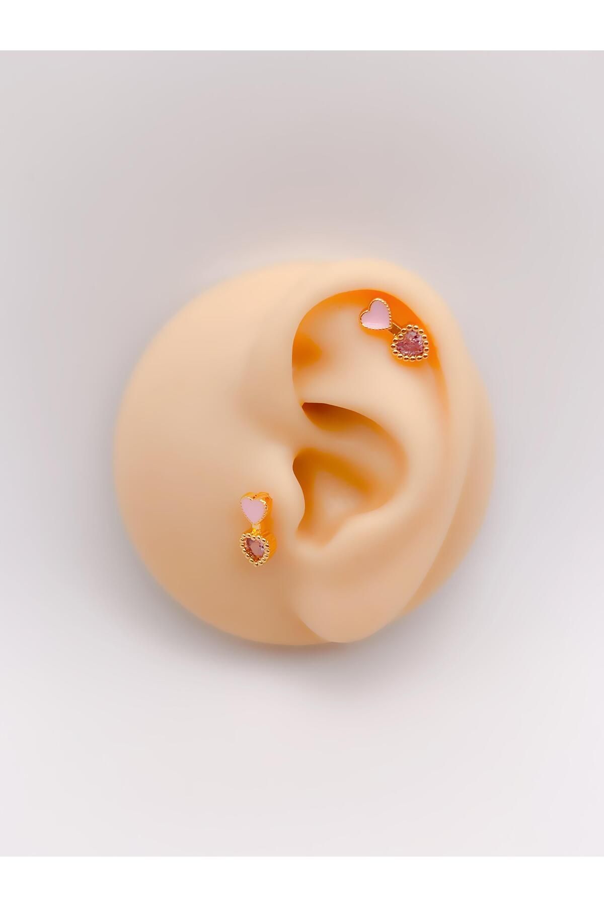 Trinos Cerrrahi Çelik Piercing ( Pirsing ) Pembe Mineli Kalpli Ok Tragus Helix Piercing (1adet)
