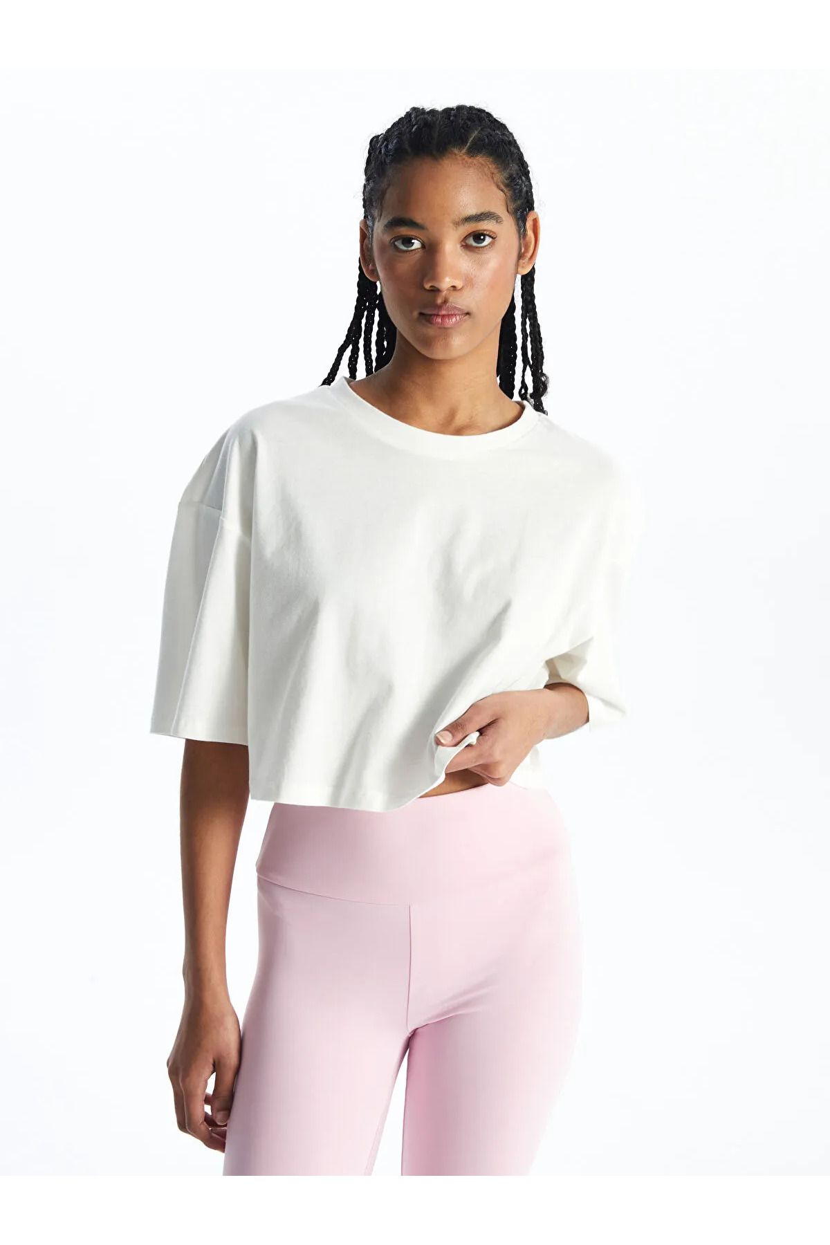 OWWO Kadın Siyah Bisiklet Yaka Oversize Süprem Basic Crop Tişört