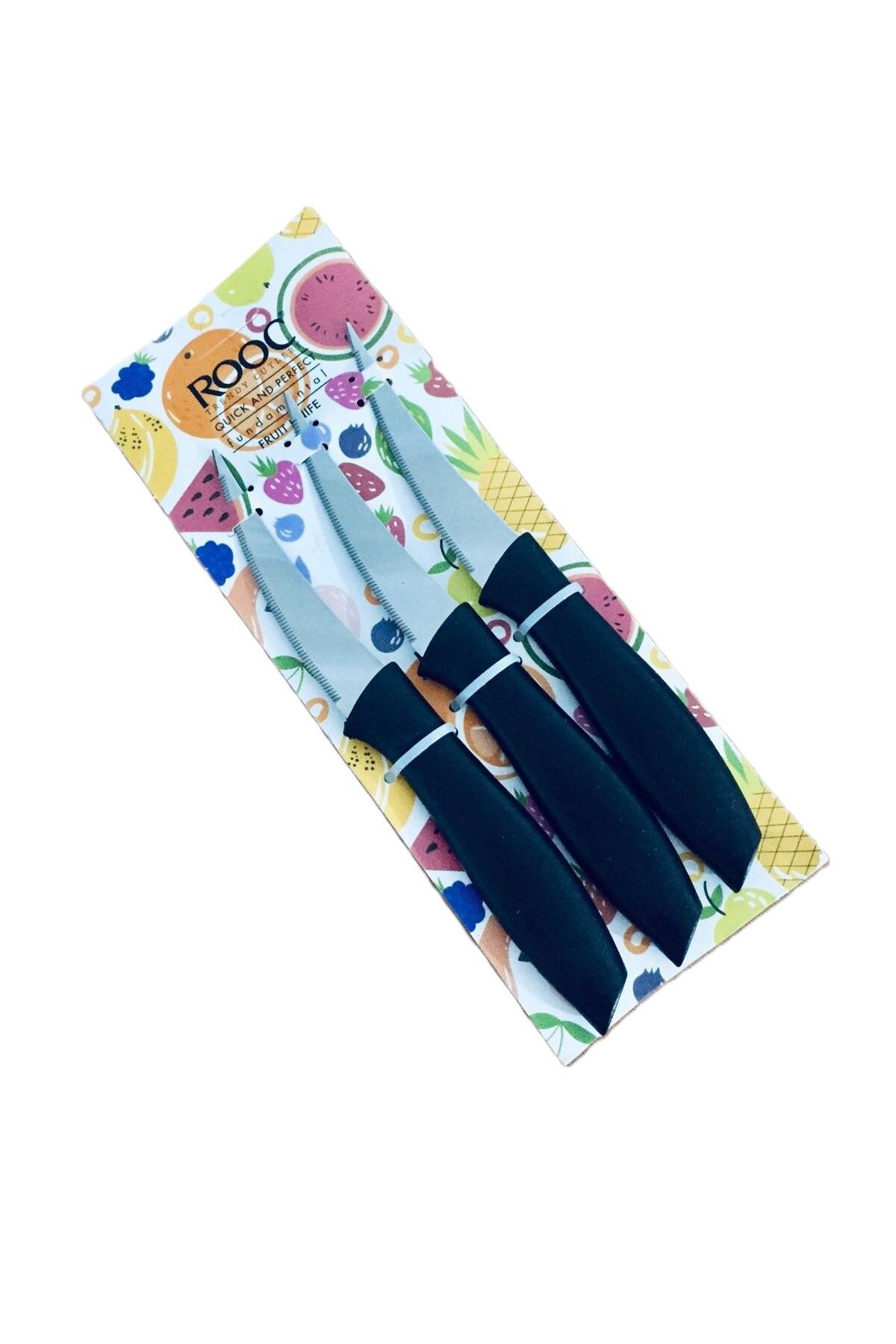 Rooc 3'lü Lazer Kesim Tırtıklı Meyve Sebze Bıçak Seti & Siyah-17,5 cm