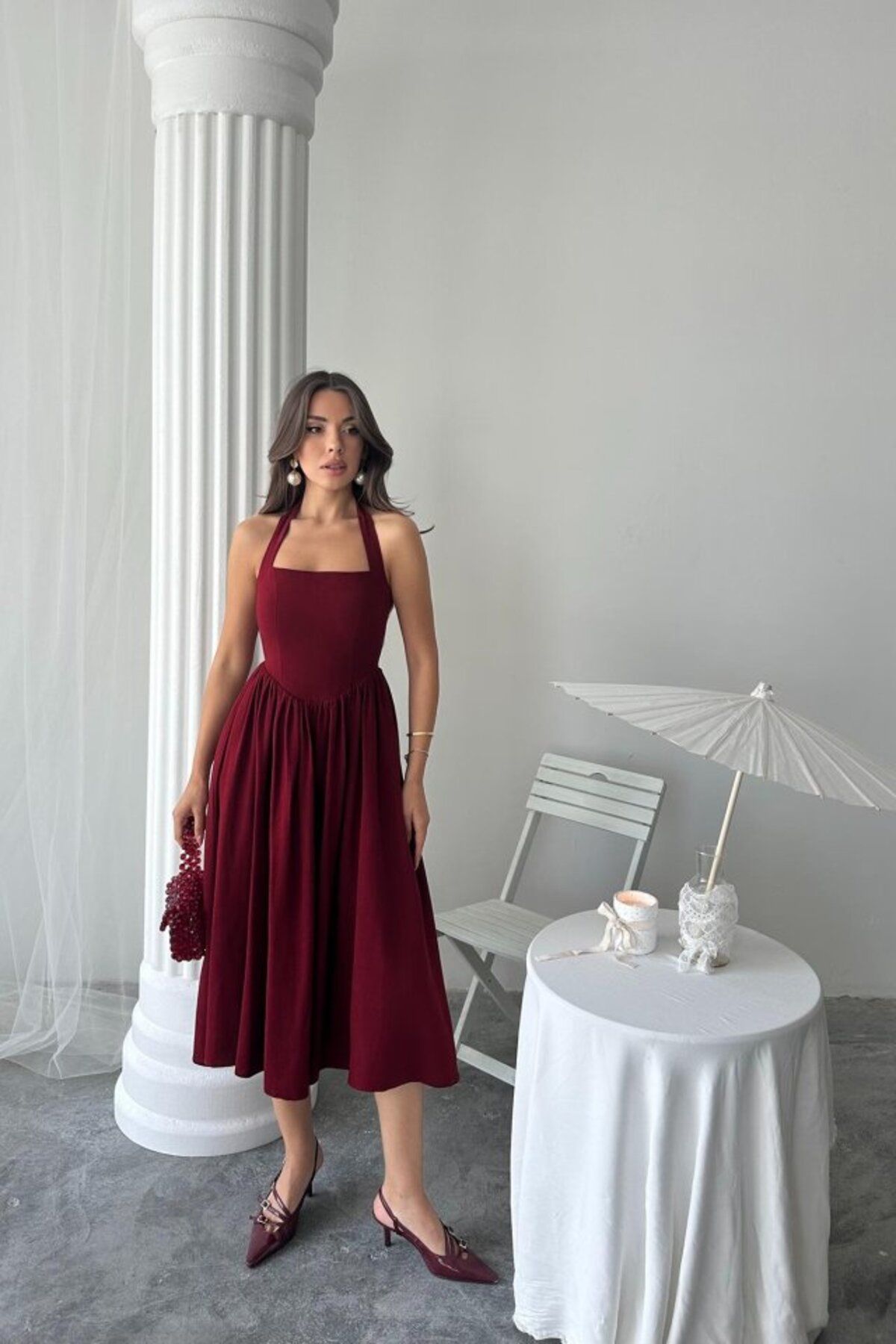 velmorafashion Bordo Boyundan Bağlamalı Keten Elbise