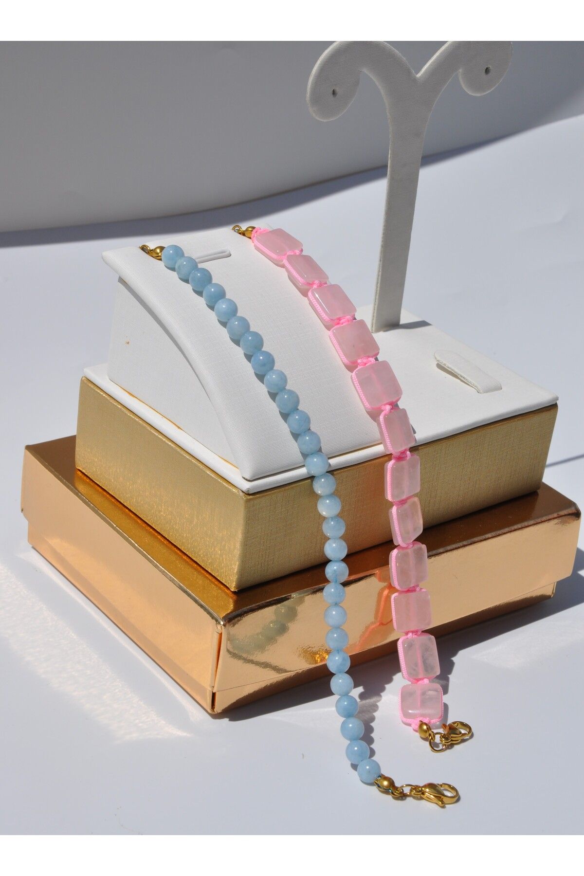 Nilfu Atelier PEMBE KUVARS AKUAMARİN SHAMBALLA BİLEKLİK