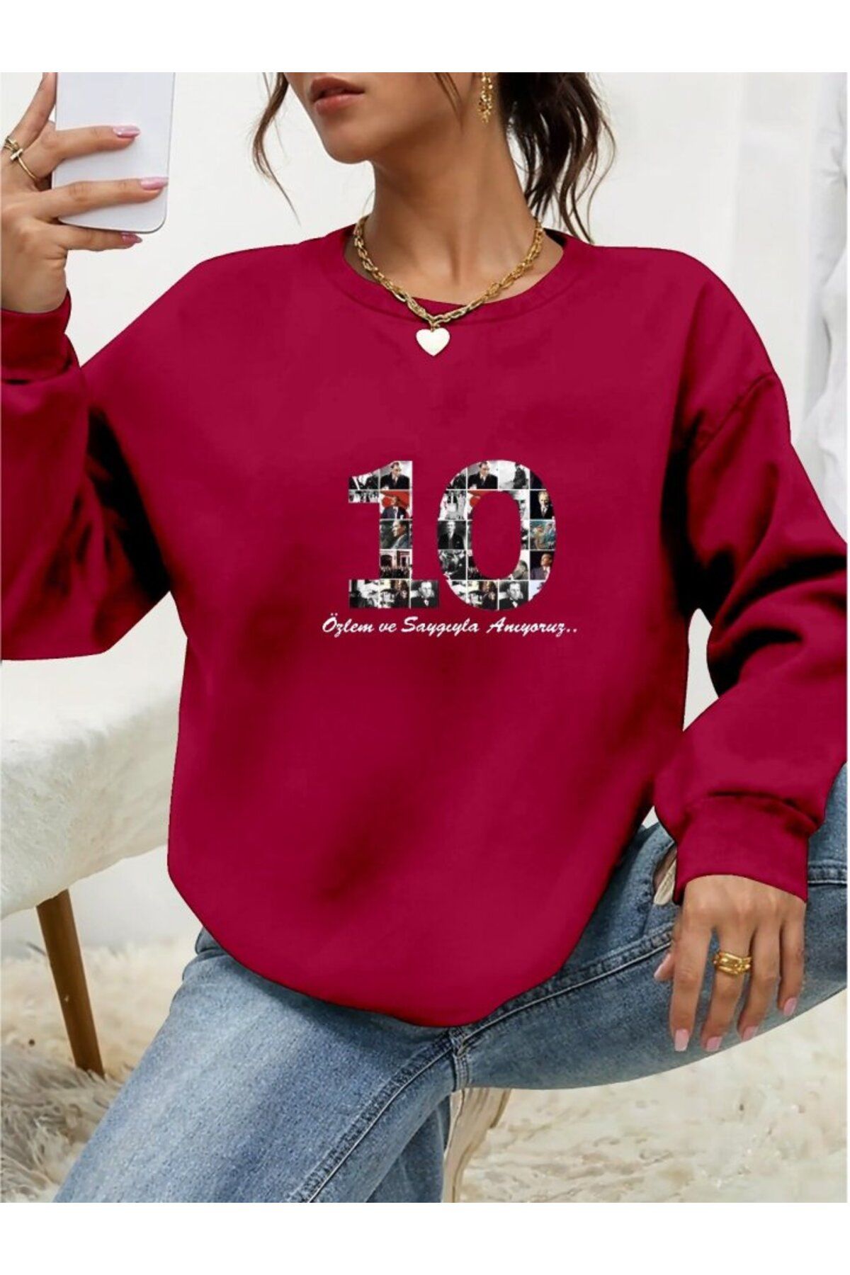 ARUZ MODA Kadın Uzun Kollu 10 Kasım Atatürkü Anma Gününe Özel Viskon İki İplik Kumaş Sweat