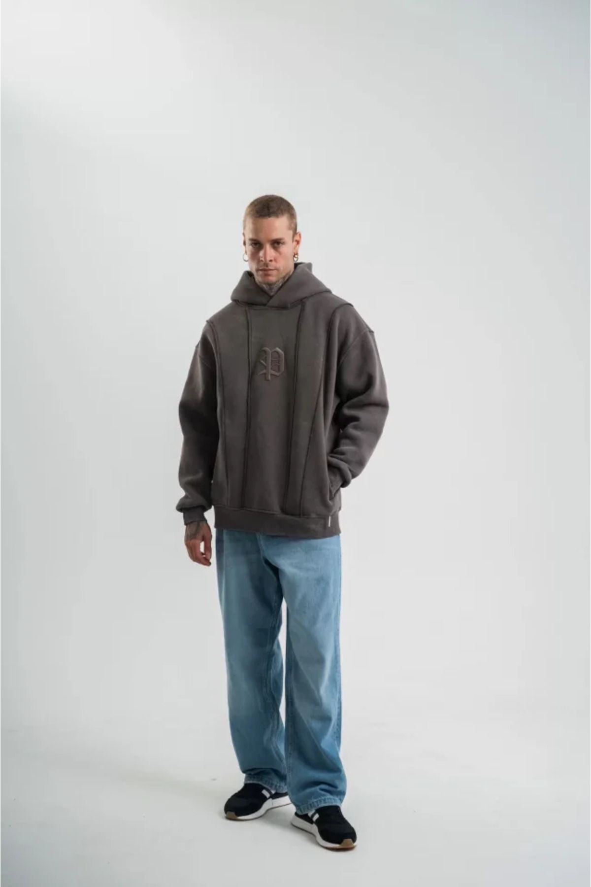 ARUZ MODA Unisex Uzun Kol Kapşonlu Yıkamalı Nakışlı SweatShirt - Füme