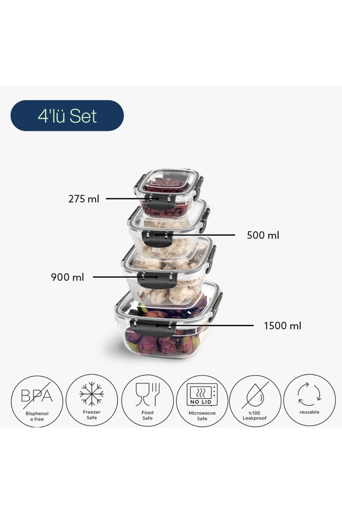 Canbaz Home 5'li Kilitli Kapaklı Saklama Kabı Seti (275-500-900-1500 ml)