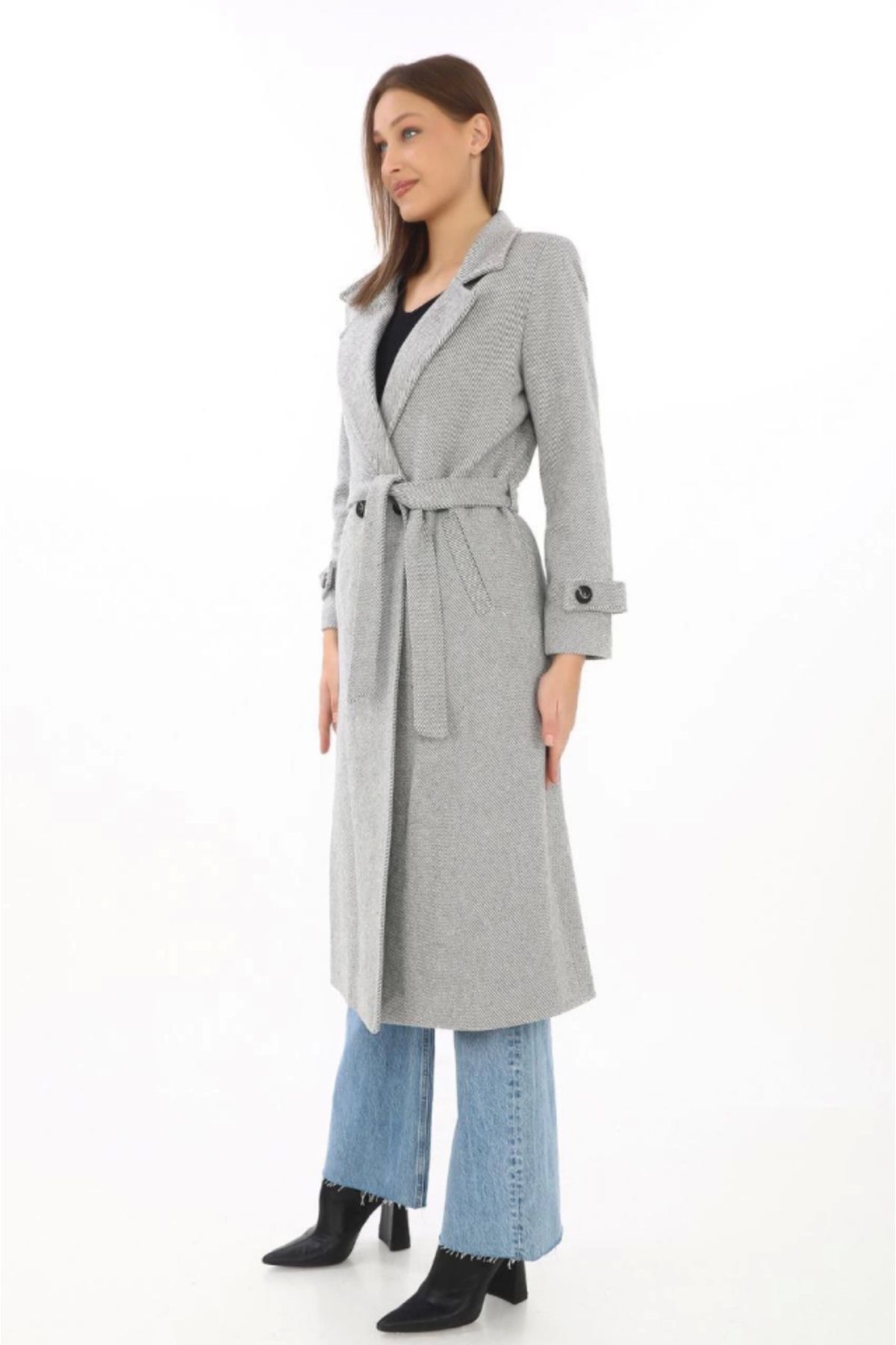 ARUZ MODA Astarlı Balık Sırtı Kaşmir Kaşe Kaban - Gri