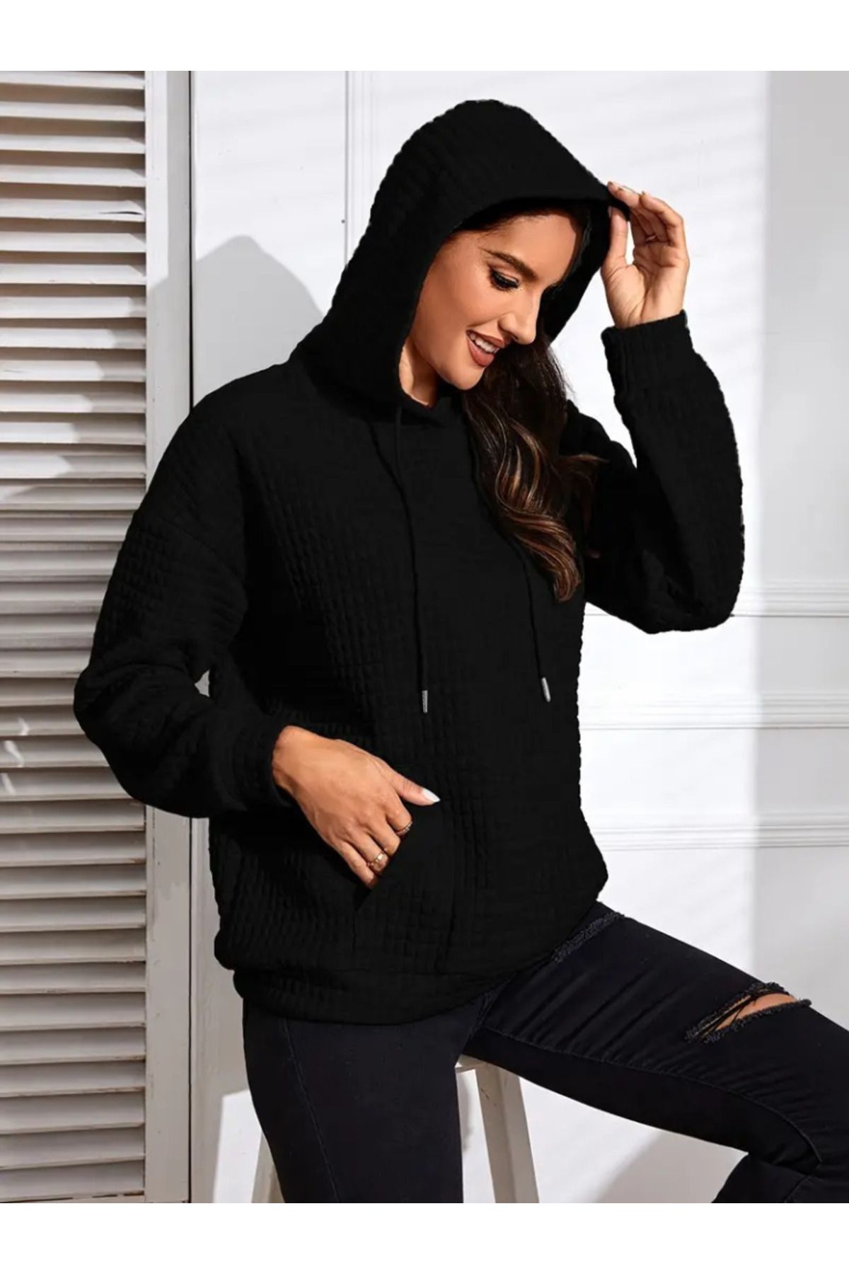 ARUZ MODA Kadın Uzun Kollu Kapşonlu Bağcıklı Cepli Capitone Sweatshirt
