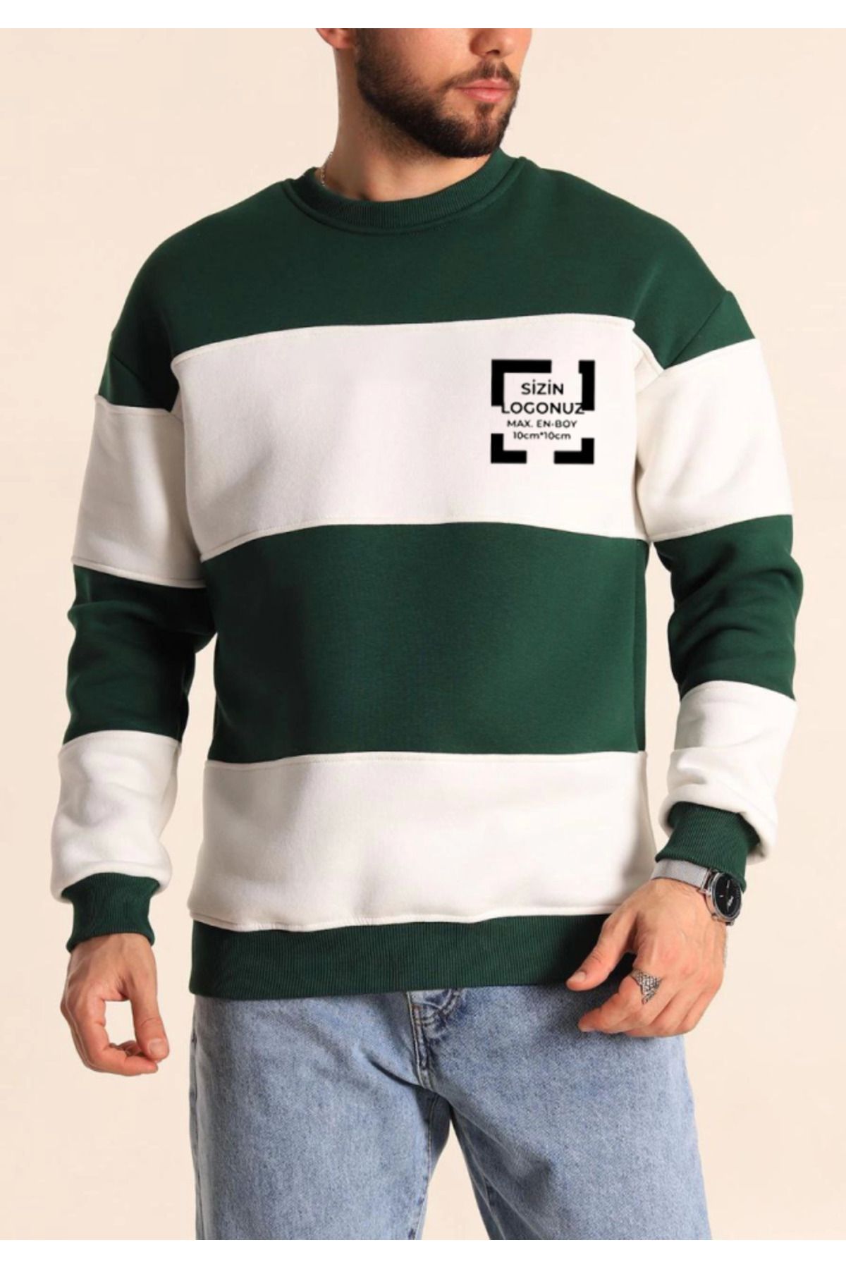 ARUZ MODA Bisiklet Yaka Parçalı Özel Üretim Sweatshirt- Yeşil