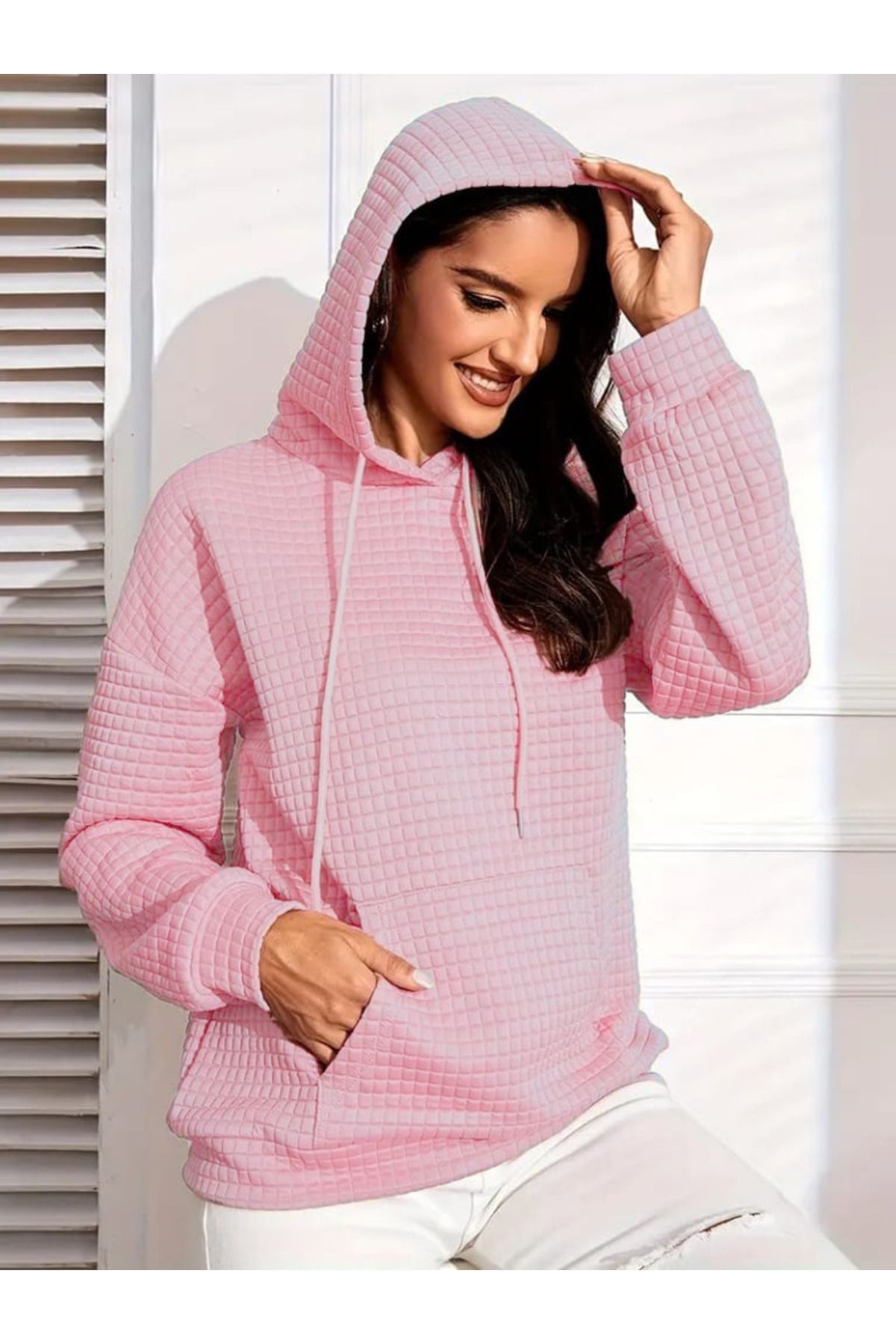 ARUZ MODA Kadın Uzun Kollu Kapşonlu Bağcıklı Cepli Capitone Sweatshirt