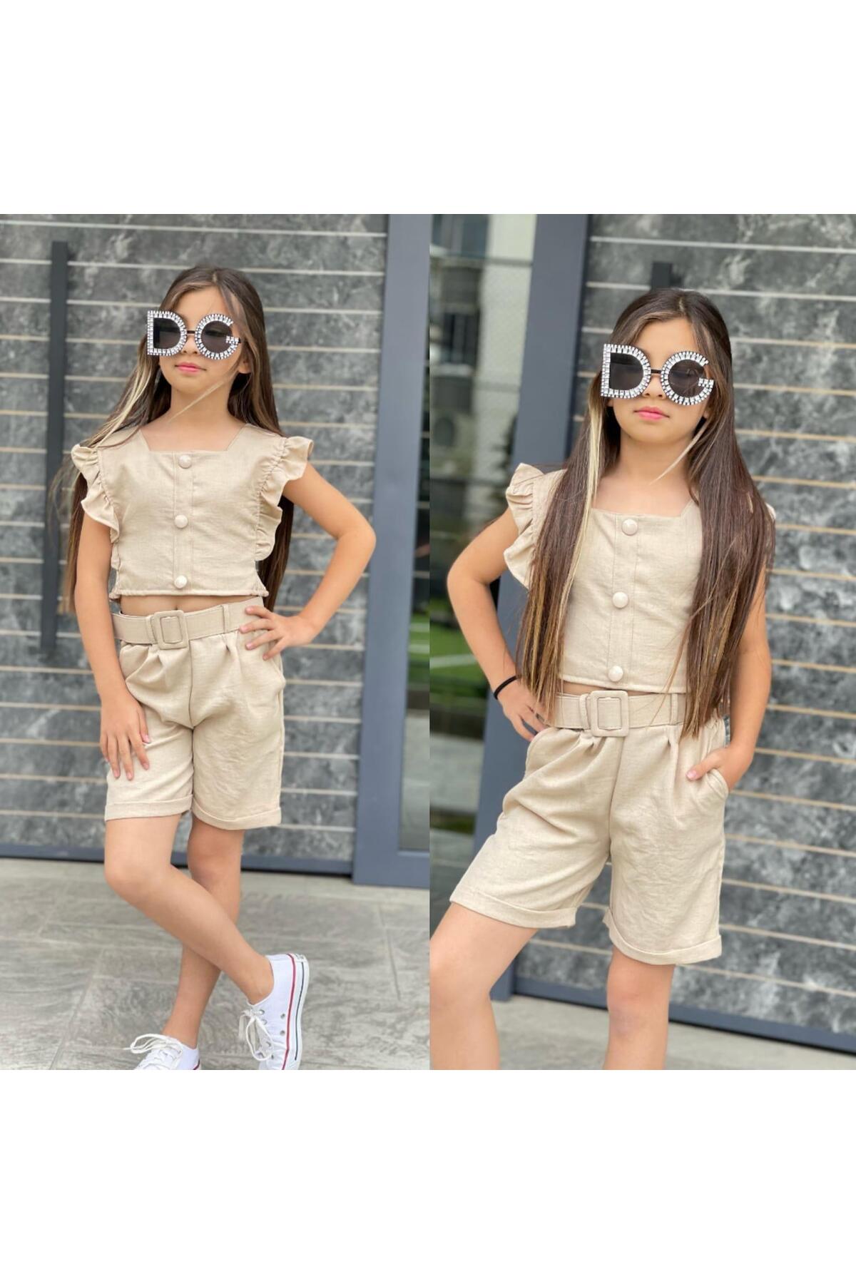 KOKOŞ BEBEK Keten Şortlu Kız Takım | 3/12 Yaş Arası fotoğrafı 2 (önizleme)