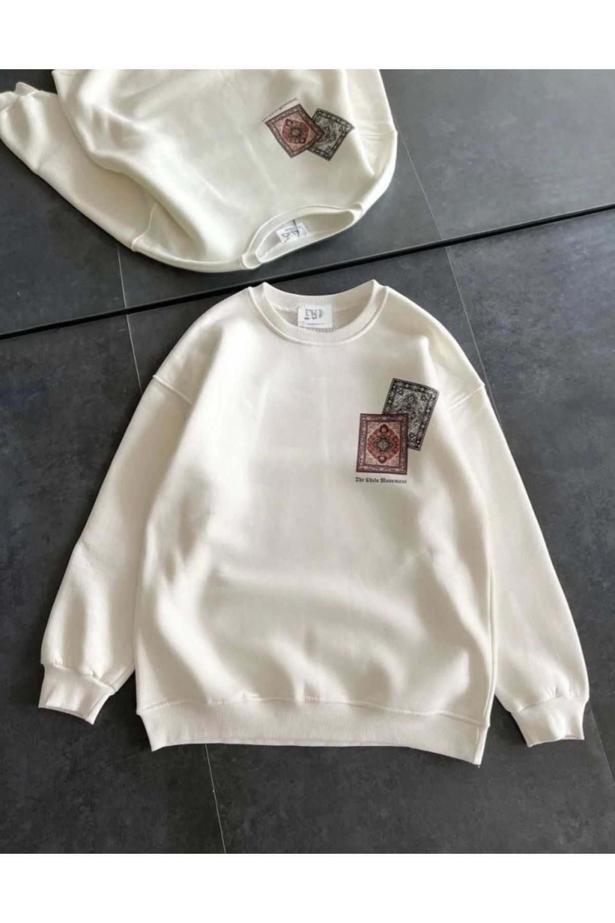 ARUZ MODA Bisiklet Yaka Baskılı SweatShirt - Beyaz