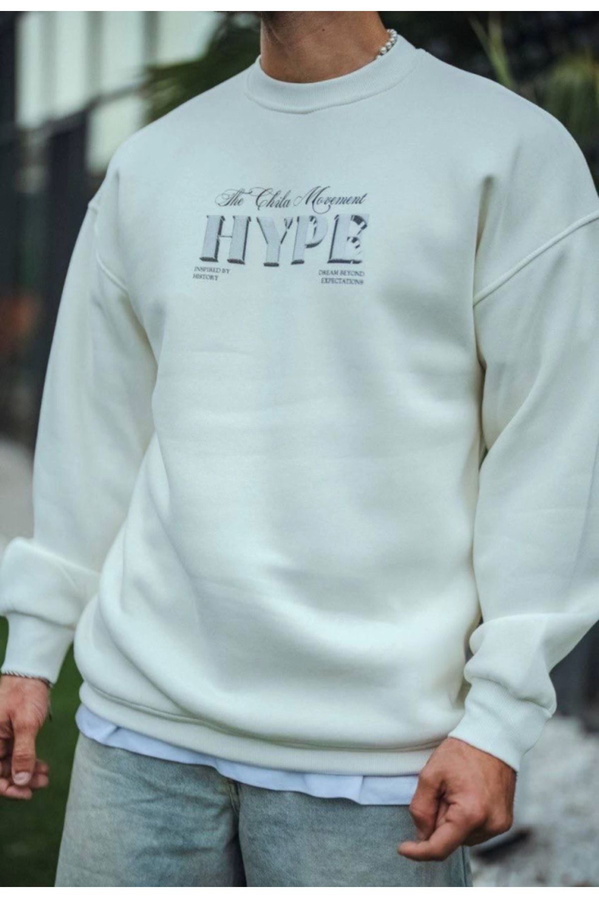 ARUZ MODA Üç İplik Bisiklet Yaka Baskılı SweatShirt - Beyaz
