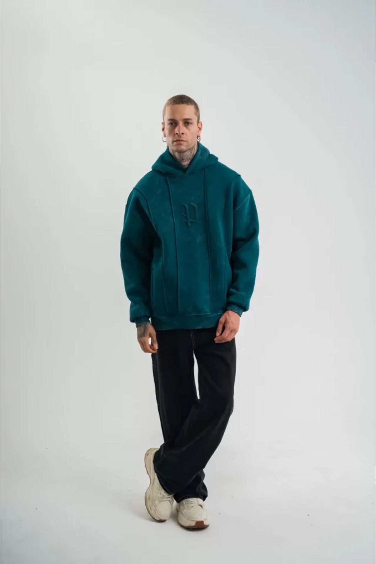 ARUZ MODA Unisex Uzun Kol Kapşonlu Yıkamalı Nakışlı SweatShirt - Koyu Deniz Yeşili
