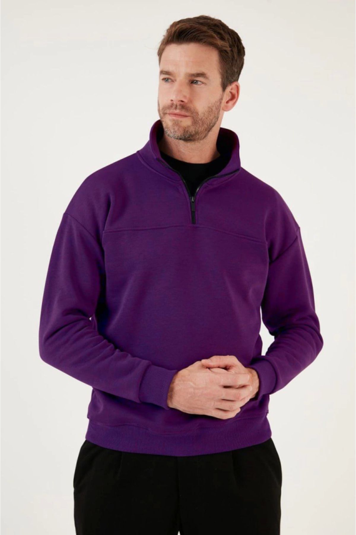 ARUZ MODA Oversize Yarım Farmuarlı Yakalı Basic SweatShirt - Mor