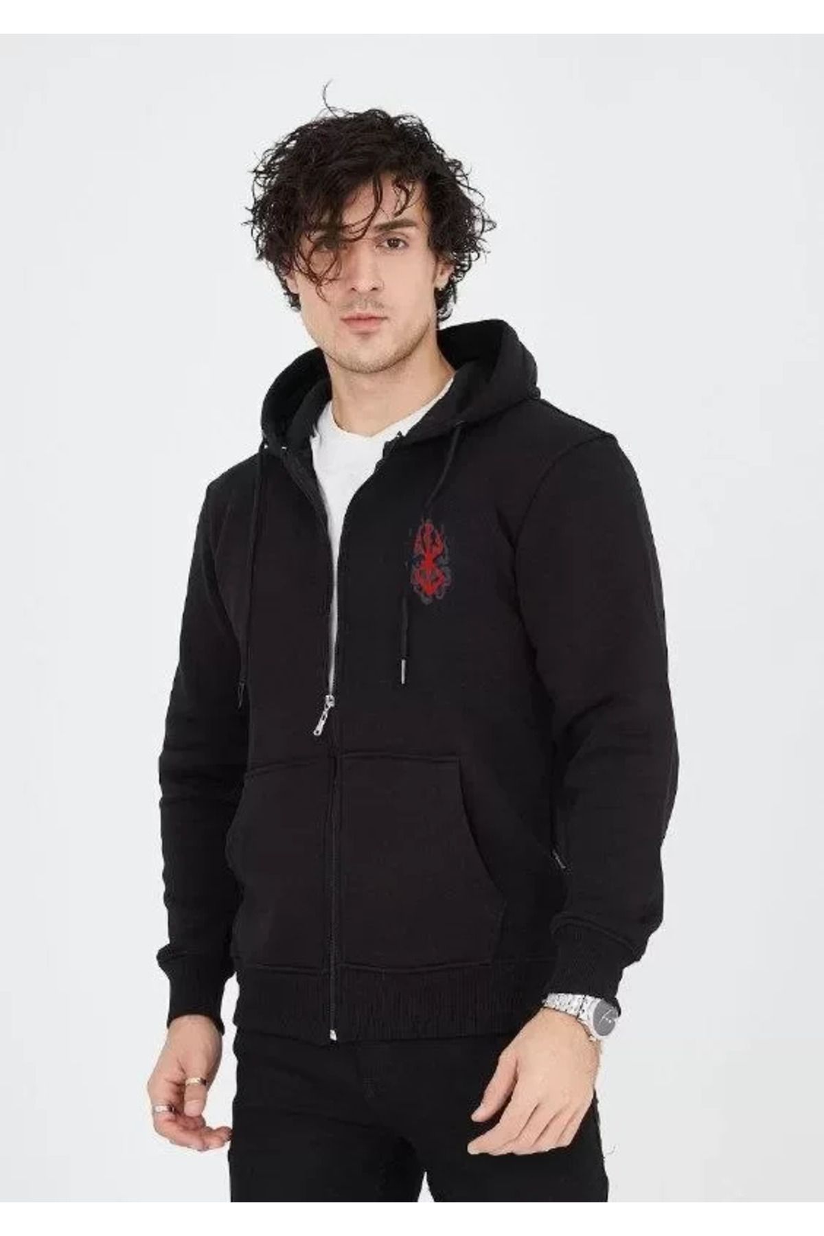 ARUZ MODA Unisex Baskılı Tam Fermuarlı Kapşonlu SweatShirt - Siyah