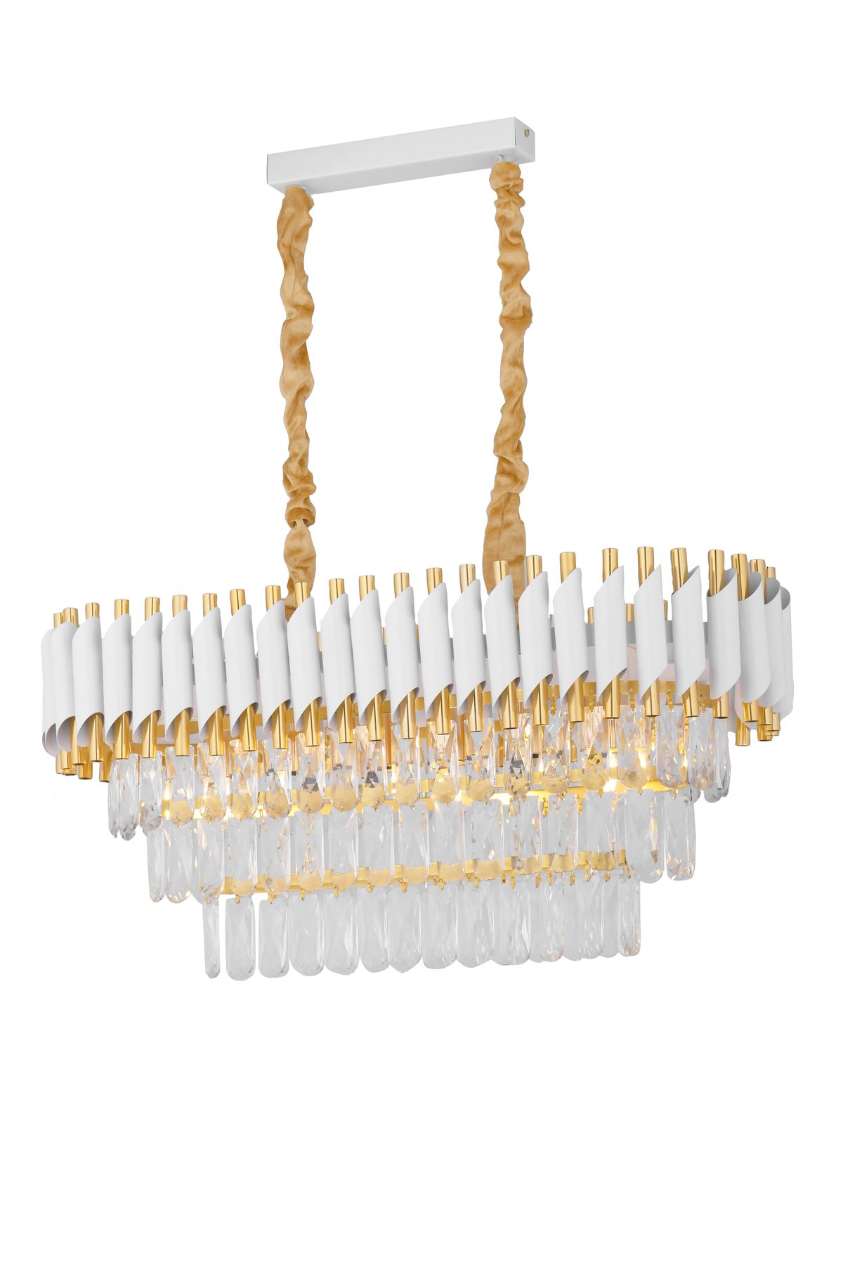 Avizemoda Palmira 75x35 Cm'lik 3 Katlı Prizma Kesim Kristal Taşlı Lüks Avize 6'lı - (Beyaz Gold)