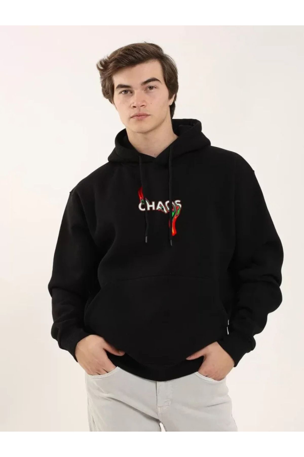 ARUZ MODA Unisex Baskılı Oversize Üç İplik Kapüşonlu Sweatshirt - Siyah