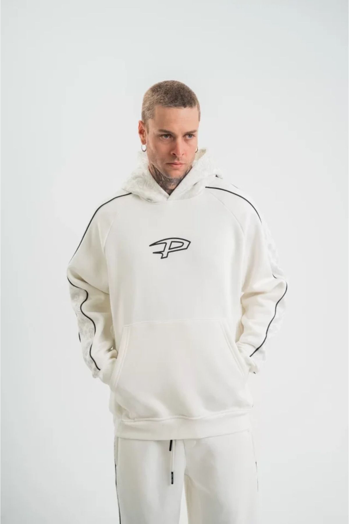 ARUZ MODA POLIZEI Premium Kalite Unisex Kapşonlu Ara Biyeli SweatShirt - Beyaz