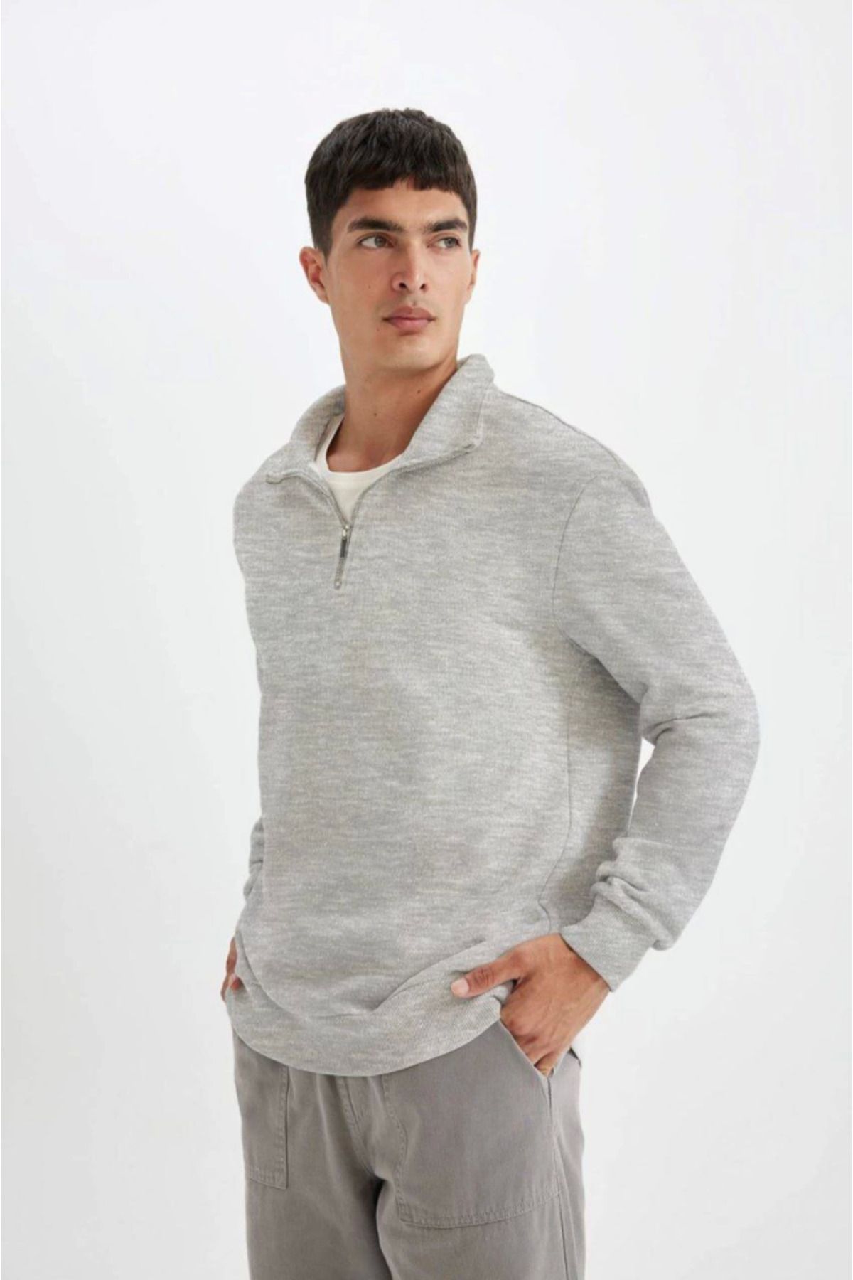 ARUZ MODA Unisex Uzun Kol Yarım Farmuarlı Yakalı Basic SweatShirt - Gri