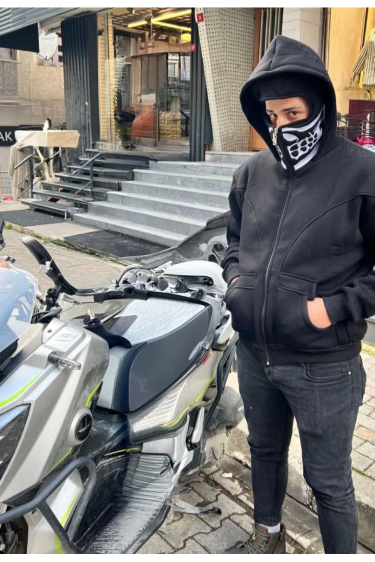 ARUZ MODA Samuray Kapşonlu ZIP Fermuarlı Çift Kapşonlu Nakışlı SweatShirt- Siyah