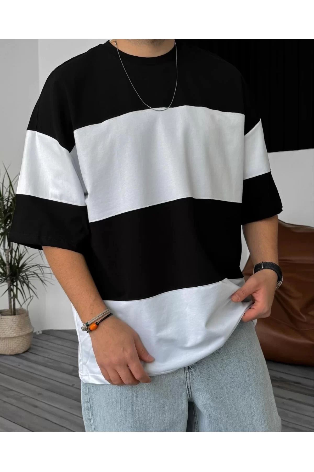 İndigo Park Oversize erkek tişört Unisex Bisiklet Yaka Parçalı T-Shirt