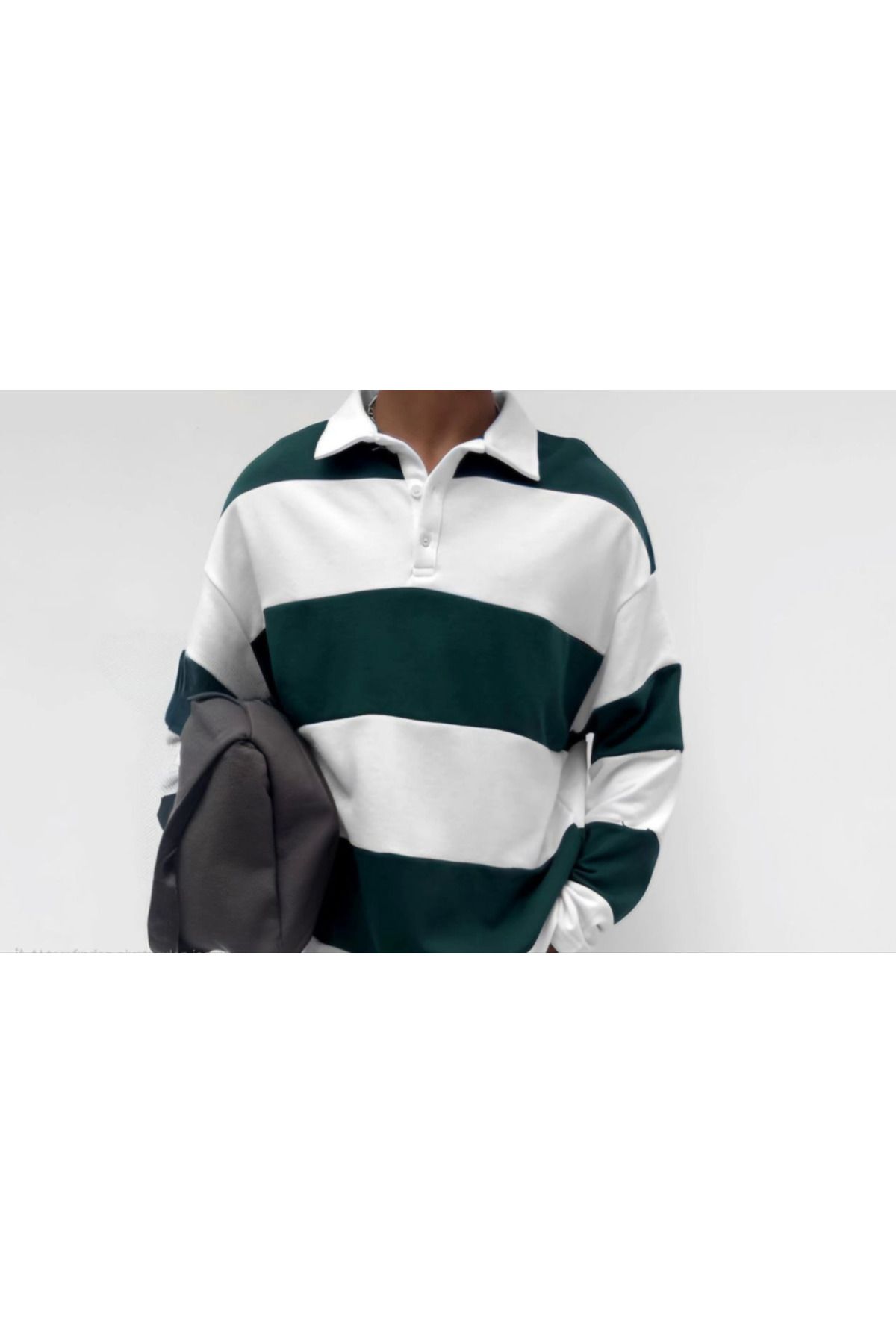 ARUZ MODA Unisex Üç İplik Parçalı Yakalı SweatShirt - Yeşil