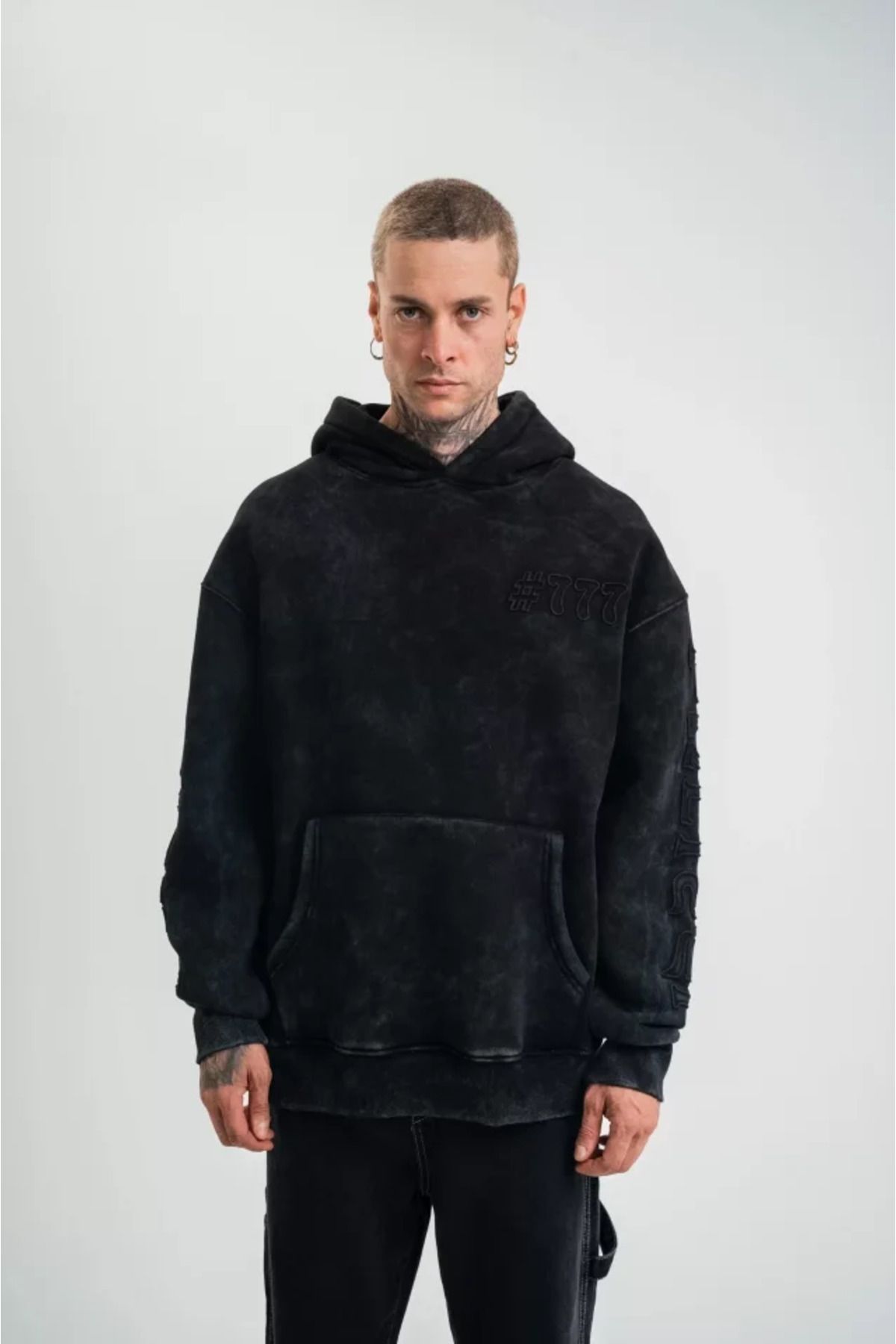 ARUZ MODA Kapşonlu Double Oversize Yıkamalı Evalı Nakışlı SweatShirt - Siyah