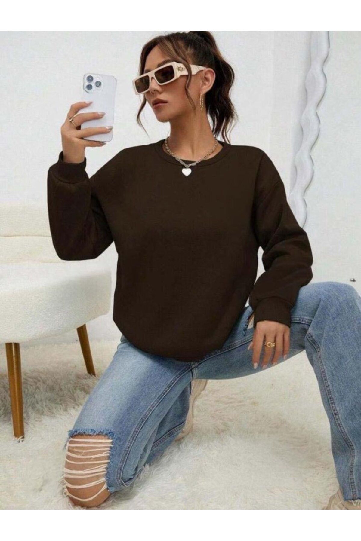 ARUZ MODA Kadın Uzun Kollu Bisiklet Yaka şardonlu üç Iplik Kumaş Sweat