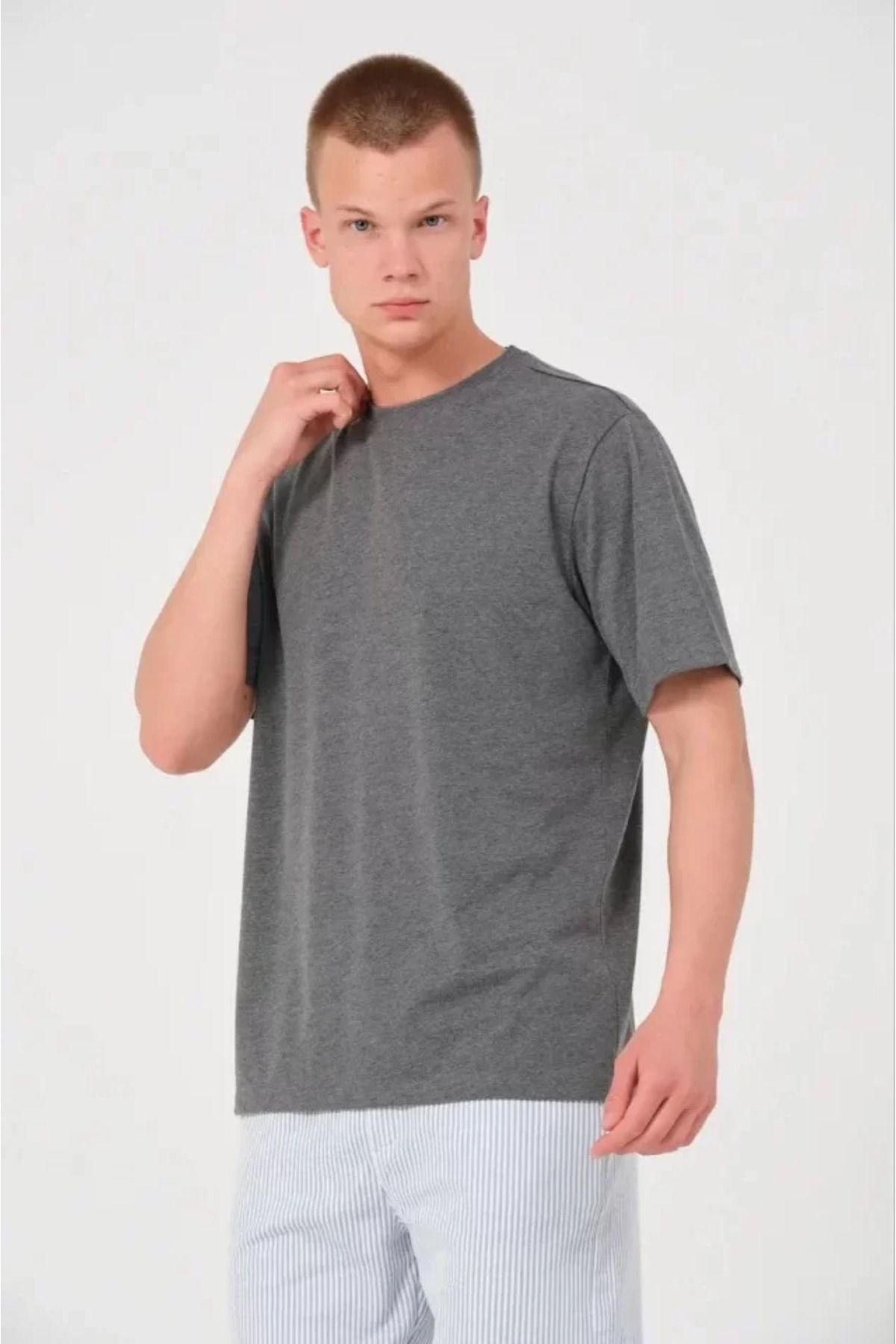 ARUZ MODA Unisex Düz Biskilet Yaka Oversize T-shirt - Füme