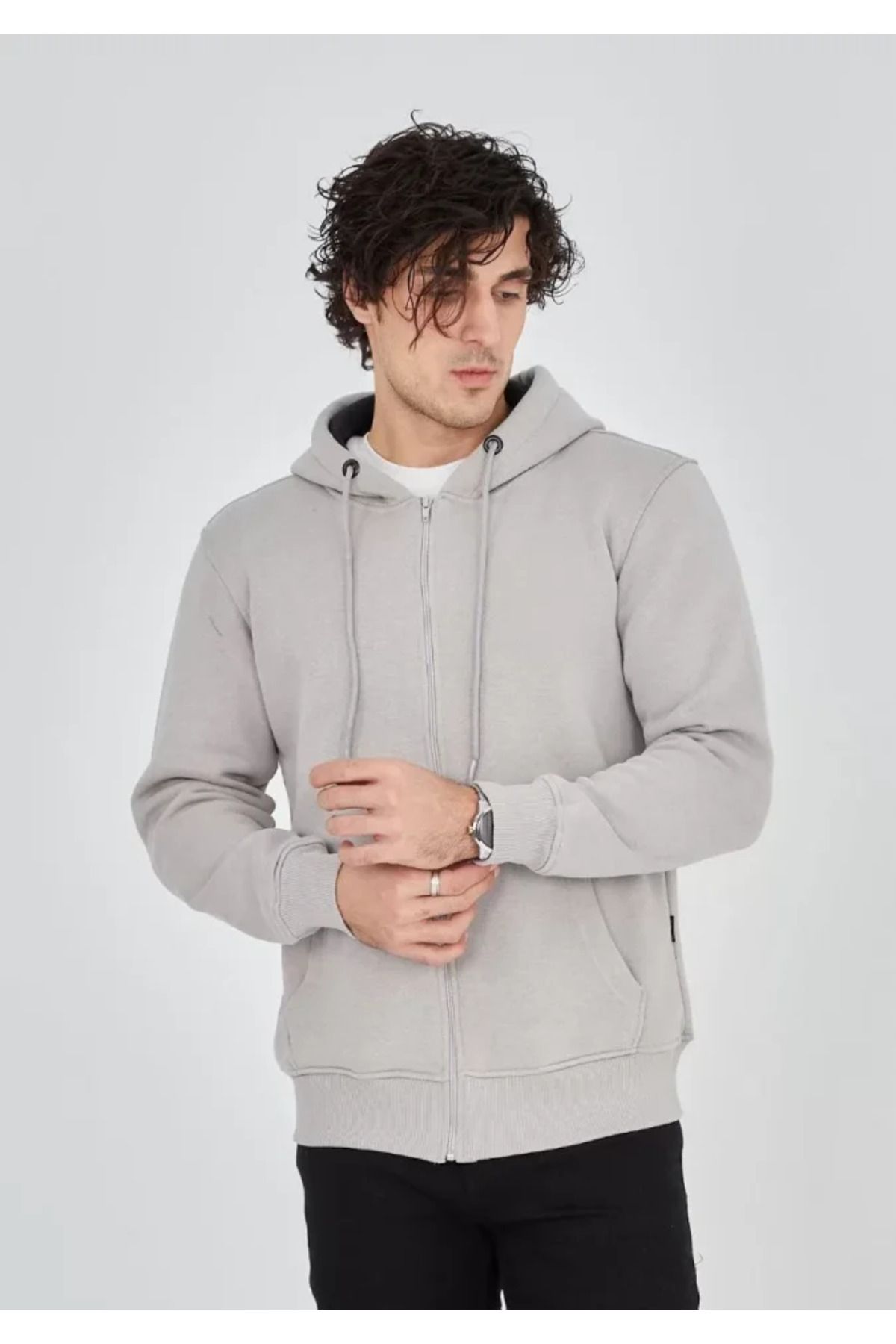 ARUZ MODA Unisex Tam Fermuarlı Kapşonlu SweatShirt - Boyalı Gri